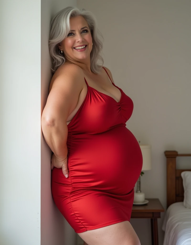 Mature milf woman with big hips in red pajamas in bed