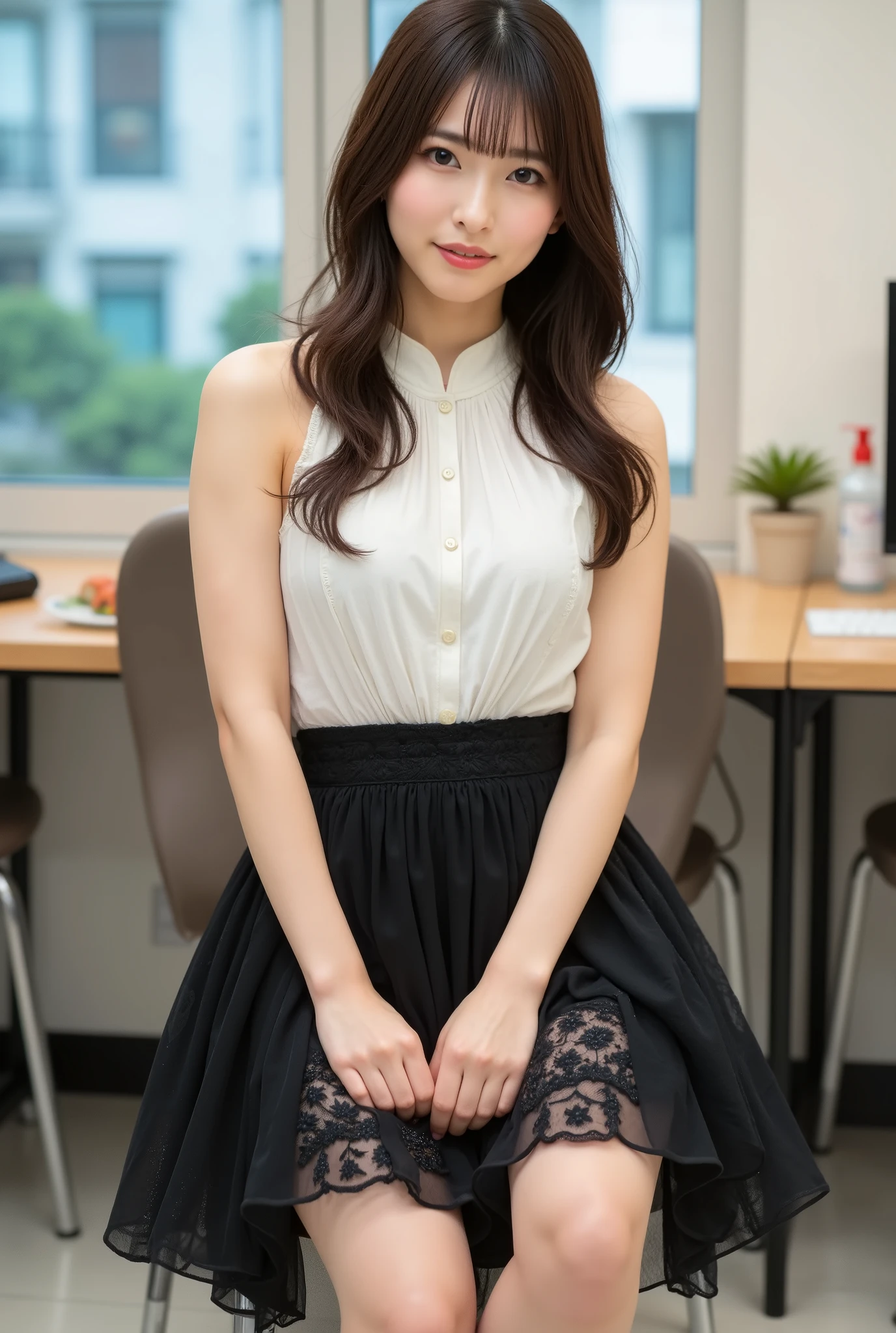 ( realistic:1.3, like the picture:1.5, RAW photos , Model Photo), Magazine cover photo, She's a Japanese fresh fashion model , The perfect figure everyone admires , ( small smile :1.1), symmetrical eyes, with rings , double eyelids, thin eyebrows on boots, thin lips, glossy lips, white skin, thick legs, thick legs, (Ultra-detailed skin:1.2), toned skin , (realistic skin:1.2), ( super detailed eyes:1.2), (cute makeup:1.5), ( cute face:1.3),
break,
( One Girl , Alone:1.3, 20 years old:1.3), ((Extremely detailed beautiful breasts , D cup breasts):1.3), (Hard chest, beautifully shaped breasts), ((Half-up hairstyle:1.5, long hair:1.3)), no bangs , Full Body Shot、
break,
(High school teacher uniform :1.3), ( Full lace skirt (color : black)):1.2, ( white halter neck blouse , ), (blackいストッキング, pantyhose, Stiletto heels)):1.3),
break,
(( she's sitting on a chair in the staff room, sitting cross-legged , and smiling with a sassy expression ):1.5)
break,
(( full body shot:1.3)),
