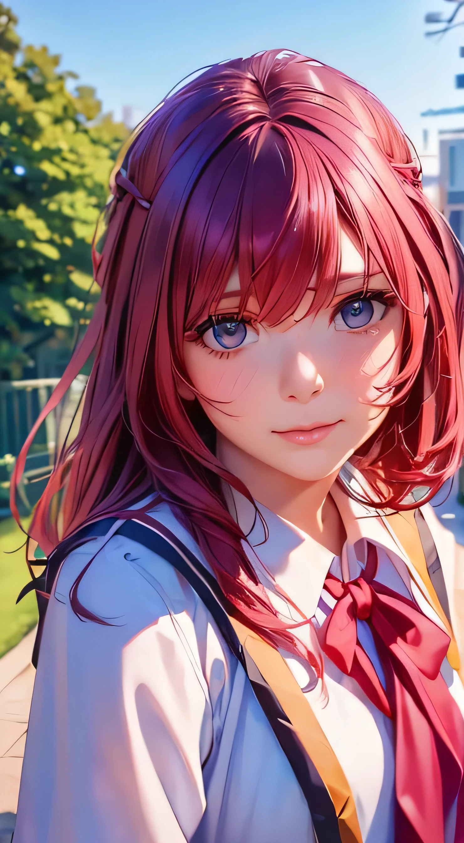 top quality 、4K quality、 realistic、、 cute、zoom、 maroon hair in the garden、、 gray eyes、 flat chest、、blouse、 face close-up ,((wearing High School Uniform:1.4))、