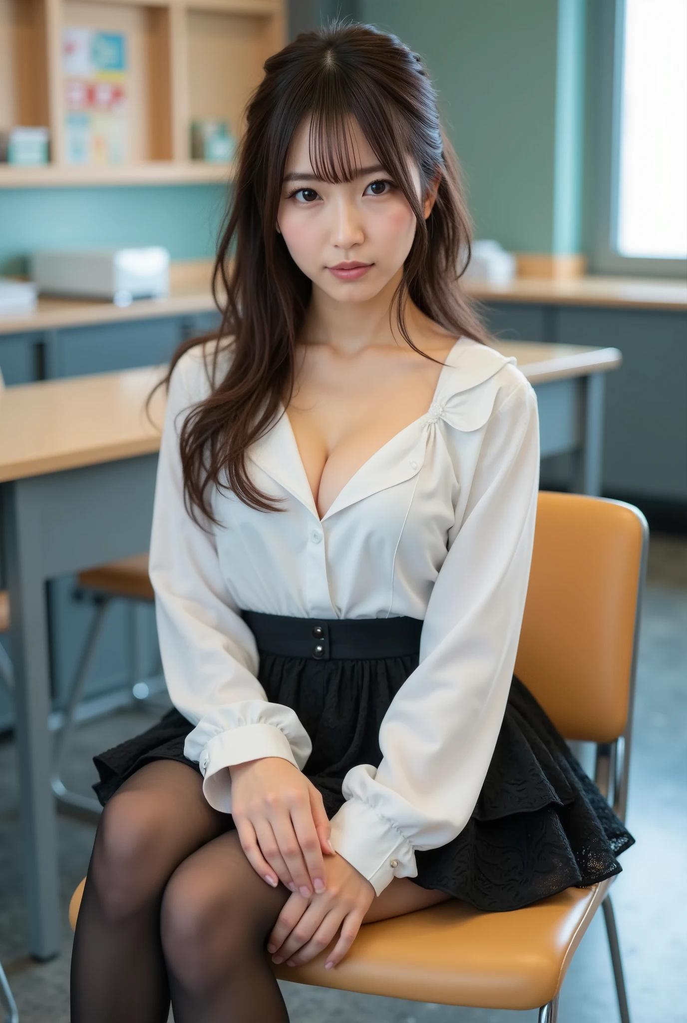 ( realistic:1.3, like the picture:1.5, RAW photos , Model Photo), Magazine cover photo, She's a Japanese fresh fashion model , The perfect figure everyone admires , ( small smile :1.1), symmetrical eyes, with rings , double eyelids, thin eyebrows on boots, thin lips, glossy lips, white skin, thick legs, thick legs, (Ultra-detailed skin:1.2), toned skin , (realistic skin:1.2), ( super detailed eyes:1.2), (cute makeup:1.5), ( cute face:1.3),
break,
( One Girl , Alone:1.3, 20 years old:1.3), ((Extremely detailed beautiful breasts , D cup breasts):1.3), (Hard chest, beautifully shaped breasts), ((Half-up hairstyle:1.5, long hair:1.3)), no bangs , Full Body Shot、
break,
(High school teacher uniform :1.3), ( Full lace skirt (color : black)):1.2, ( white halter neck blouse , ), (blackいストッキング, pantyhose, Stiletto heels)):1.3),
break,
(( she's sitting on a chair in the staff room, sitting cross-legged , and smiling with a sassy expression ):1.5)
break,
(( full body shot:1.3)),