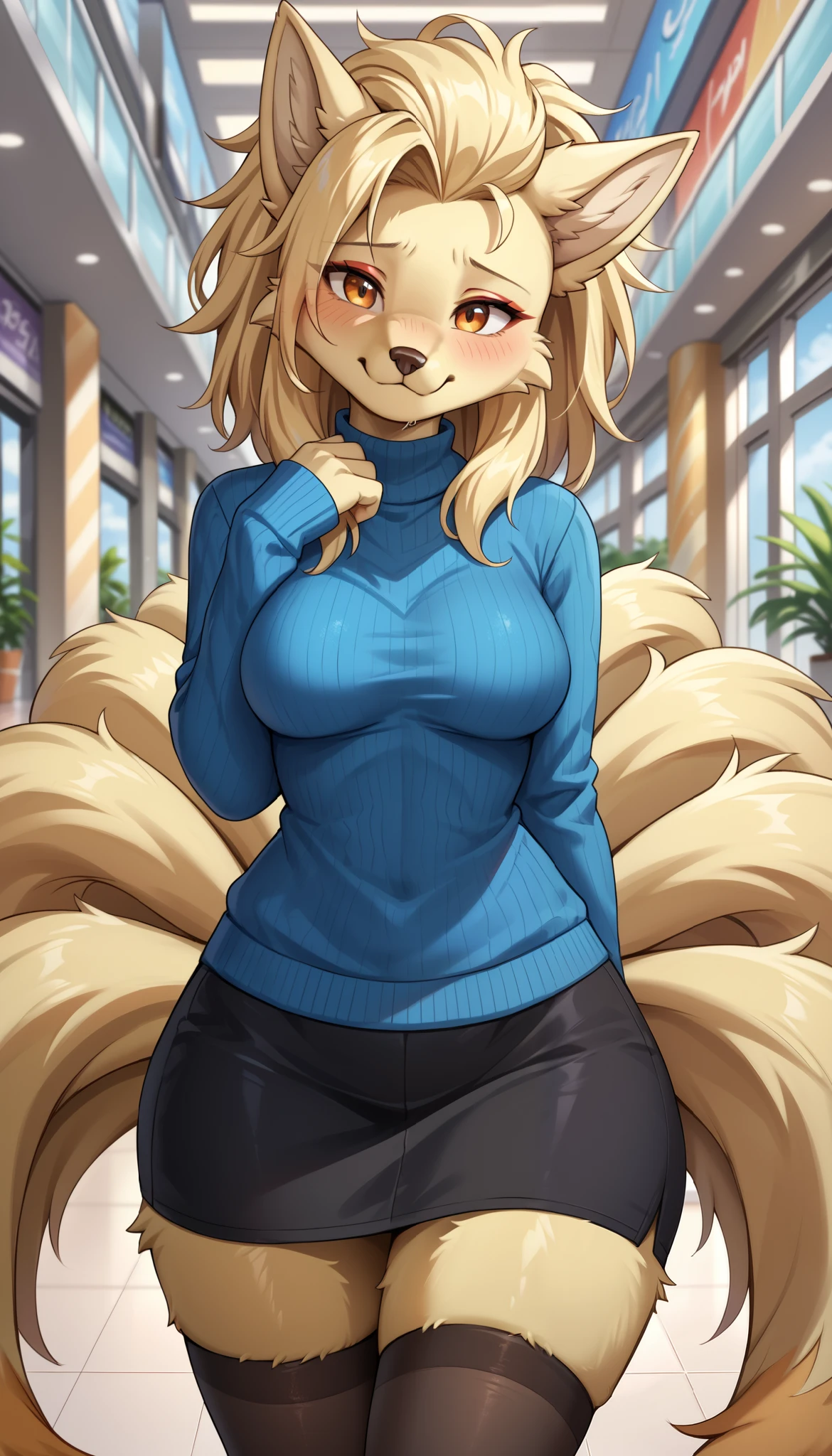 score_9, score_8_up, score_7_up, source_anime, source_furry, (beautiful, detailed background, digital artwork, digital art, well shaded artwork, depth, detailed artwork)1.2, 1girl, female, furry, anthro, ninetales, mall setting, medium breasts, natural breasts, wide hips, thick thighs, (teenage girl), (19-year-old girl), red eyeshadow, shy smile, head tilt, blue sweater, white bluse, black skirt, black stockings, shy expression, nervous, blush, Blonde hair, medium hair, messy hair