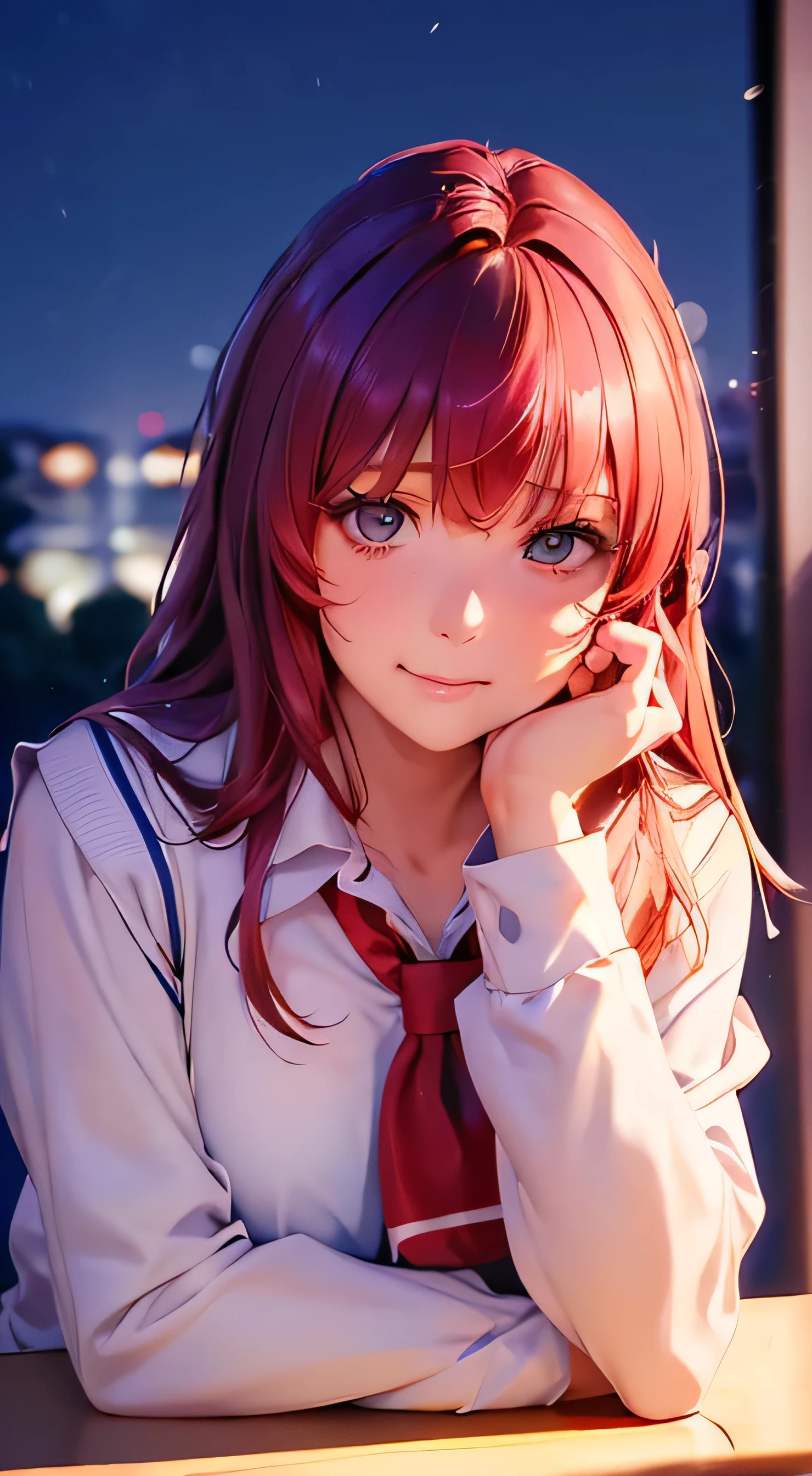 top quality 、4K quality、 realistic、、 cute、zoom、 maroon hair in the garden、、 gray eyes、 flat chest、、blouse、 face close-up ,((wearing High School Uniform:1.4))、((Late at night in a high school classroom:1.4))