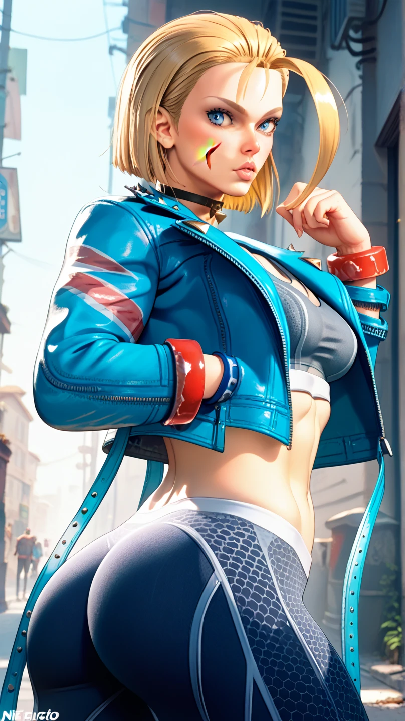 Sexy Cammy,  short hair,  blue eyes,  blond hair , belly button,  medium breasts , jacket, open clothes,  choker ,
 abdomen,  pants , jacket abierta, Lips, Crop top,  choker  negra, scar,  Abdominals ,
 pelo de antena, jacket azul, scar en la cara, forehead, jacket corta, tonificado,  sports bra ,
 Nose, tight,  pants  tights,  pants  de yoga,  sports bra  negro, jacket vaquera, in an alley, pose sexy, from behind,