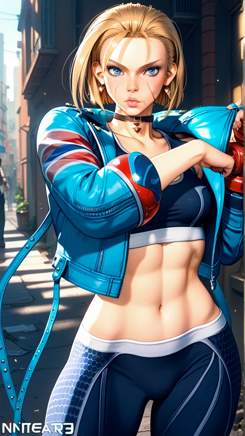 (obra de arte), (melhor qualidade), (ultra detalhado),(cabelo desgrenhado),(ilustração), 1girls, abs, antenna hair, belt, black choker, blonde hair, blue jacket, blush, breasts, choker, clenched hand, closed eyes, closed mouth, clothes pull, collarbone, cropped jacket, fingerless gloves, gloves, gradient background, groin, hand up, heavy breathing, jacket, jacket partially removed, large breasts, lips, navel, no panties, pants, pants pull, parted lips, pendant choker, pulled by self, red gloves, short hair, sleeves past elbows, solo, sports bra, thighs, tight, tight pants, white background, zipper