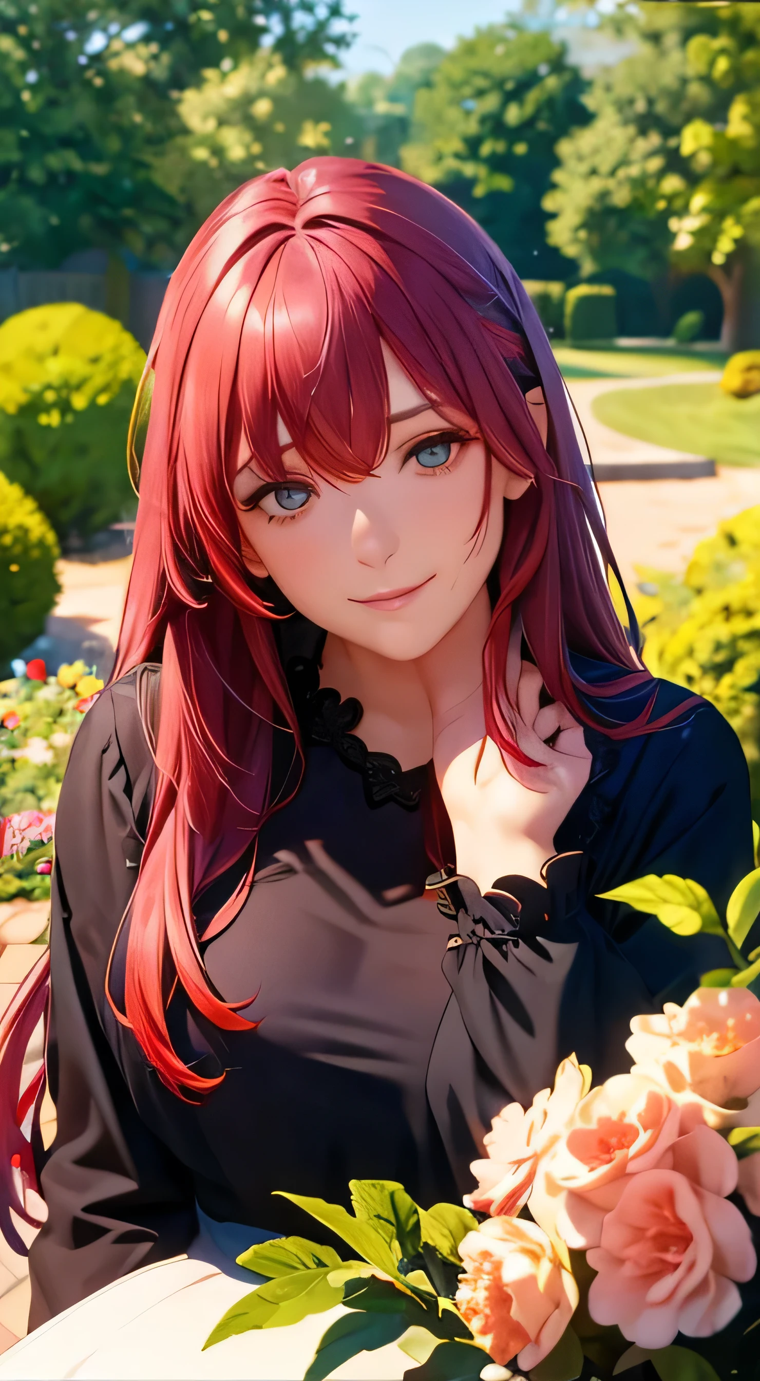 top quality 、4K quality、 realistic、、 cute、zoom、 maroon hair in the garden、、 gray eyes、 flat chest、、blouse、 face close-up