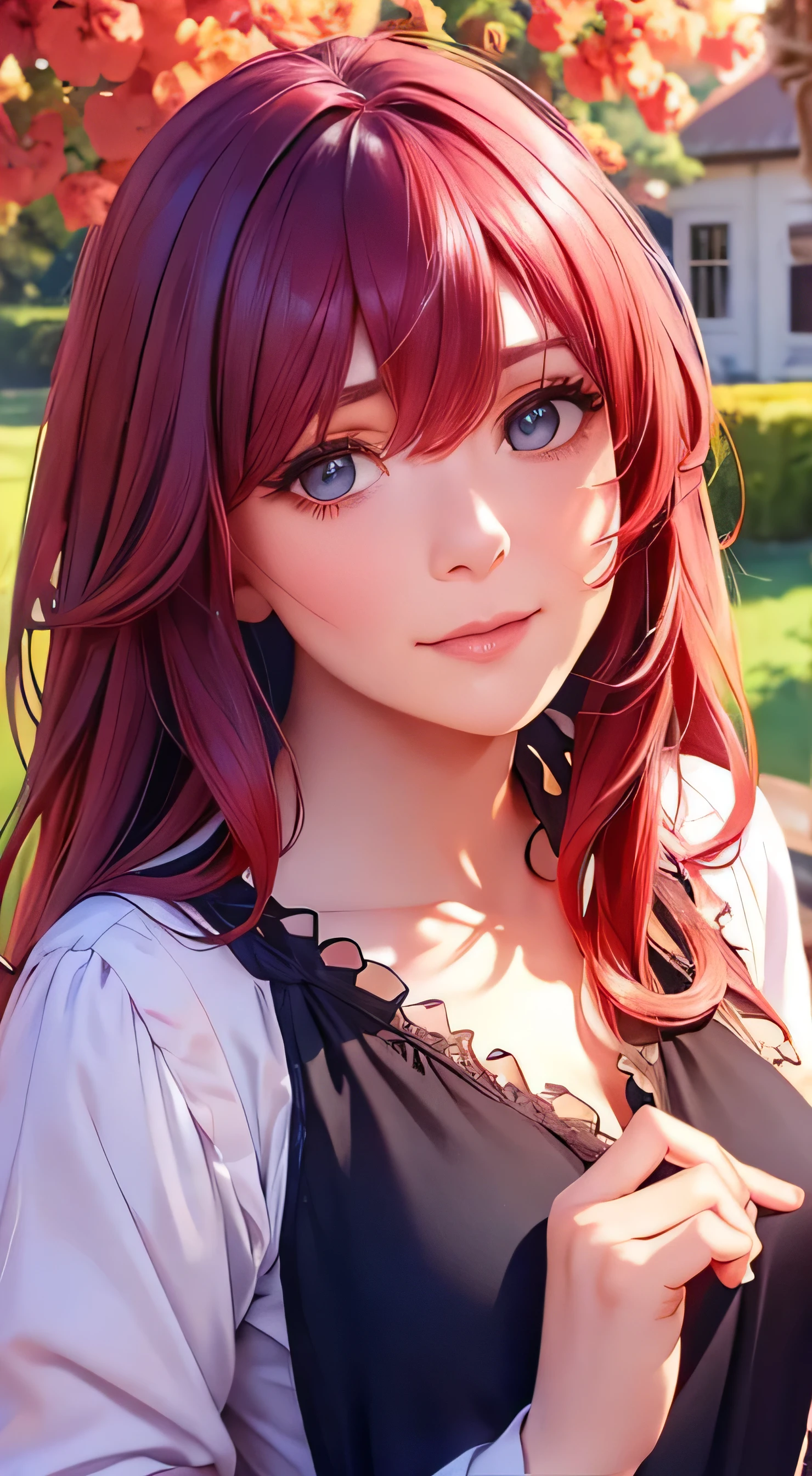 top quality 、4K quality、 realistic、、 cute、zoom、 maroon hair in the garden、、 gray eyes、 flat chest、、blouse、 face close-up