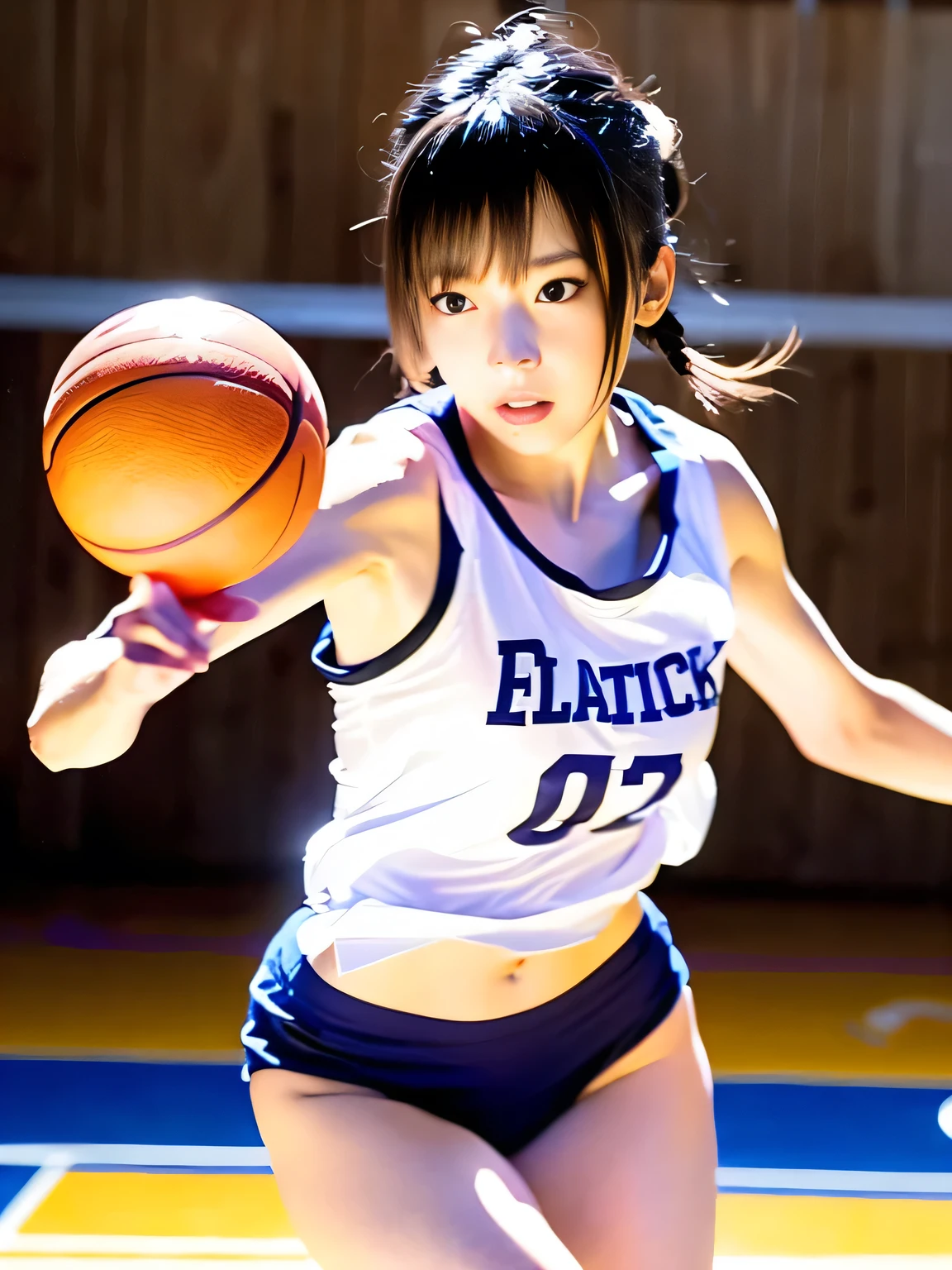 A young female basketball player executing a dynamic jump shot with precision and grace. The basketball is held firmly in both hands as she aims for the hoop, her form exuding confidence and mastery. Her slim-fit basketball uniform highlights her athletic build, while black high socks and matching sneakers provide a sleek and modern look. Her neatly braided black hair arcs through the air as she leaps, with her intense black eyes fixed firmly on the goal. The polished wooden floor of the brightly lit gymnasium reflects the action, emphasizing the energy, elegance, and competitive spirit of the moment. smiles gently, FRIENDLY. ( RAW photos , top quality ), ( realistic , photo- realistic :1.4), masterpiece, extremely delicate and beautiful, extremely detailed, 2k wallpaper, amazing on the beach, Detailed description, extremely detailed CG unity 8k wallpaper, ULTRA DETAIL, high res, Soft light, beautiful detailed girl looking back, extremely detailed eyes and face, beautiful detailed nose, beautiful detailed eyes, cinematic lighting, Perfect Anatomy, slender body.