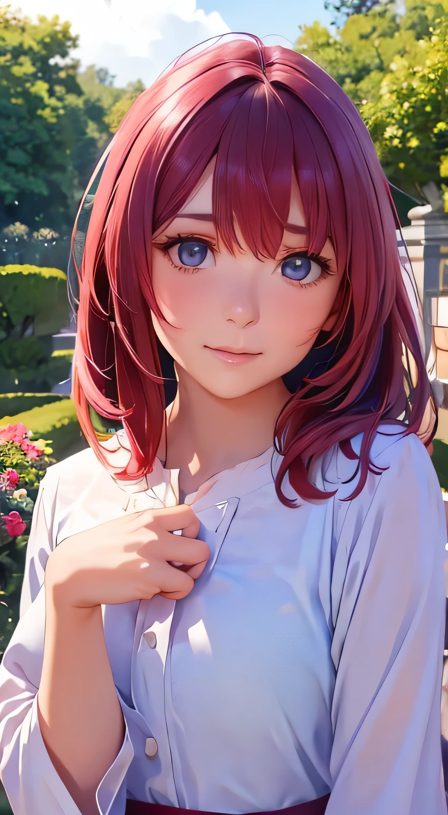  top quality 、4K quality、 realistic、、 cute、zoom、 maroon hair in the garden、、 gray eyes、  flat chest、、blouse、 face close-up 、 Japanese high school girl 