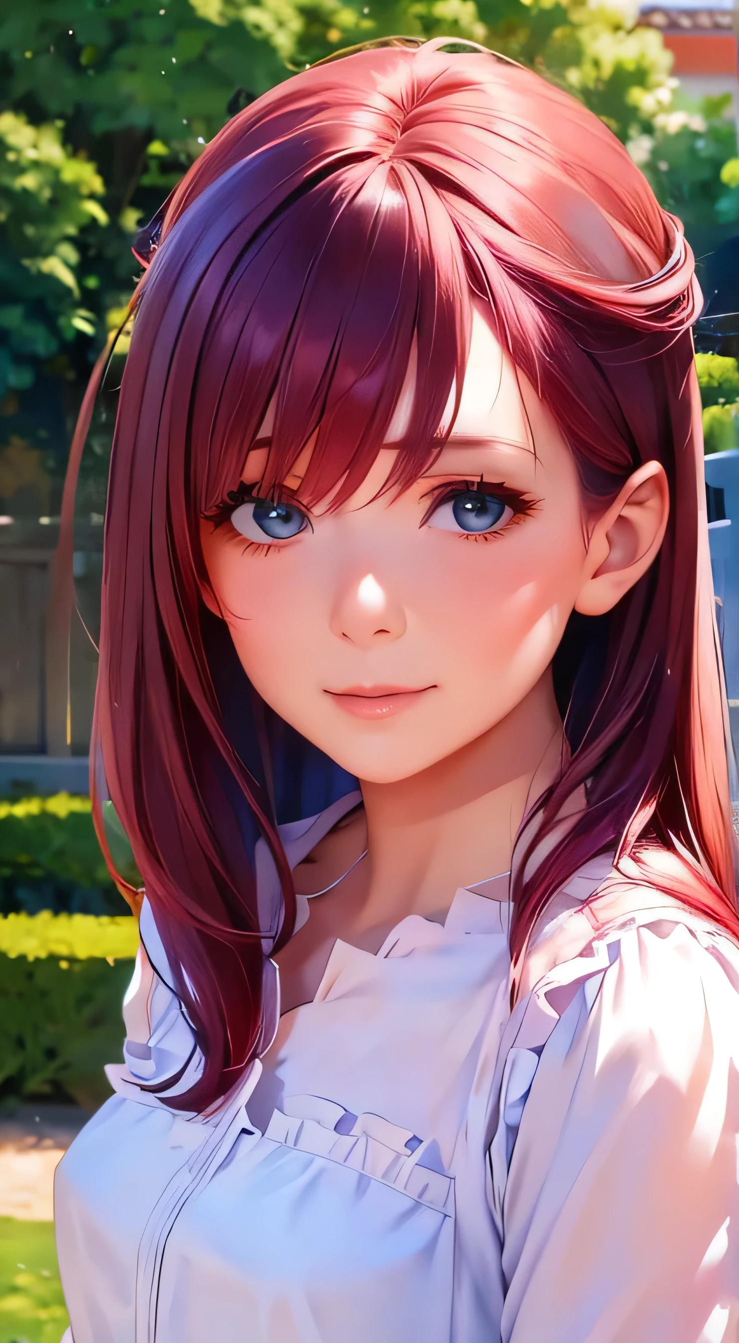  top quality 、4K quality、 realistic、、 cute、zoom、 maroon hair in the garden、、 gray eyes、  flat chest、、blouse、 face close-up 、 Japanese high school girl 