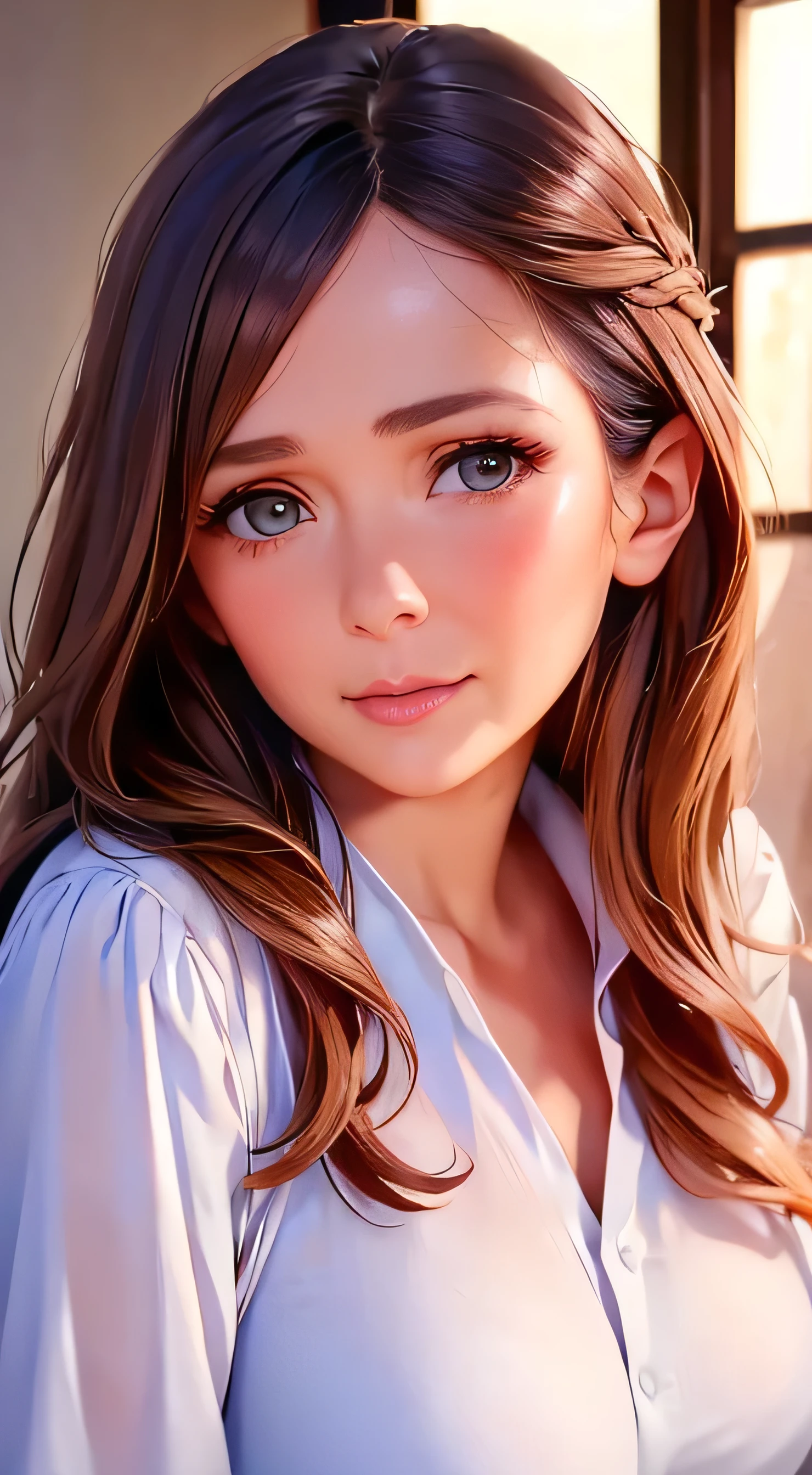  top quality 、4K quality、 realistic、、 cute、zoom、 brown hair 、 gray eyes、 Larger breasts、、blouse、 face close-up 、 Japanese high school girl 、 long hair that reaches the waist 、white wrap dress