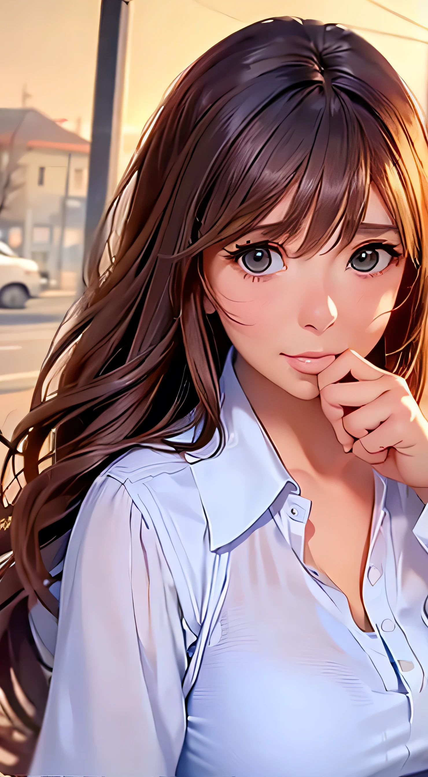  top quality 、4K quality、 realistic、、 cute、zoom、 brown hair 、 gray eyes、 Larger breasts、、blouse、 face close-up 、 Japanese high school girl 、 long hair that reaches the waist 、 white wrap dress、I'm biting my thumb 