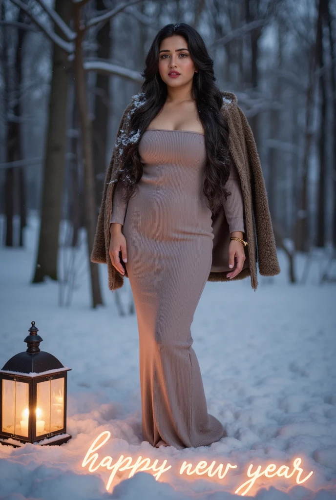 A woman standing in a snowy forest, wearing a fur-lined coat draped loosely over her shoulders, revealing a strapless dress that hugs her figure. Snowflakes rest gently on her exposed skin and the soft fabric of her dress. She stands beside a small lantern glowing with warm light, and 'Happy New Year' is written in elegant, glowing script in the snow beside her. The winter scene feels magical, with tall, snow-covered trees and a peaceful, intimate vibe."