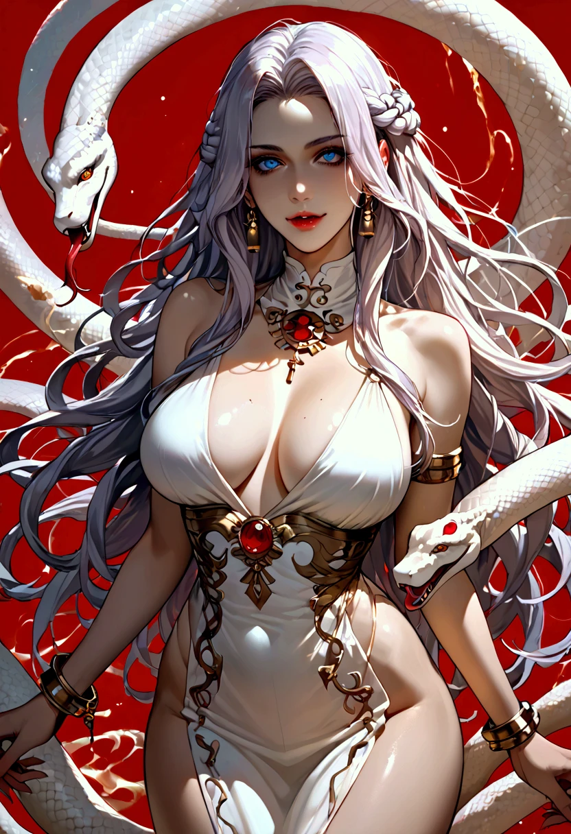 score_9, score_8_up, score_7_up, source_anime, highly detailed, sharp, masterpiece, intricate details, a sexy demon girl, Medusa from Greek mythology, half snake and half human, lots of white hair, image of a white snake all over, white skin covered with shiny scales, sky blue eyes, slightly open moist lips, small fangs, showing red tongue, big breasts, thin waist, wide hips, curvy perfect body, ( simple background, red background), The image shows “Happy New Year 2025” in large gold letters,