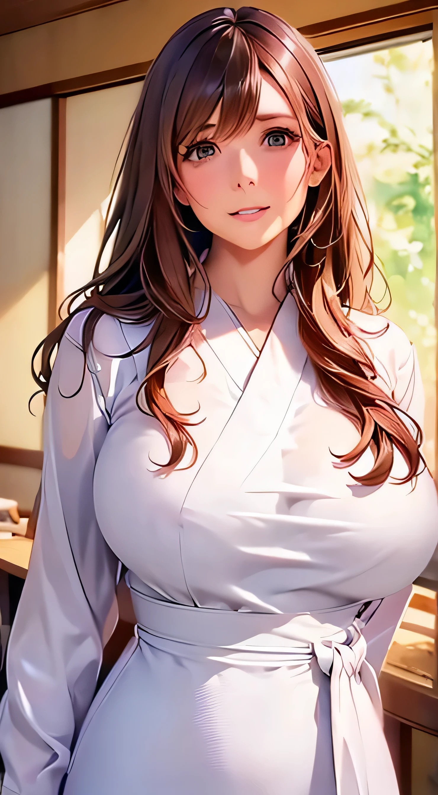  top quality 、4K quality、 realistic、、 cute、zoom、 brown hair 、 gray eyes、 Larger breasts、、blouse、 face close-up 、 Japanese high school girl 、 long hair that reaches the waist 、 white wrap dress、I'm biting my thumb 