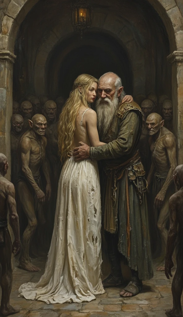 ((high resolution, super detailed frame)), ((focus on small details and atmosphere of the scene)) spring, medieval motives, beautiful girl, long blonde hair, sexy body, in a torn white dress, bare legs, bare back. Standing in the hall of an old mansion in front of an old ugly hunchbacked old man. The old man hugs her. Around the old man and the girl stands a crowd of short ugly goblins.