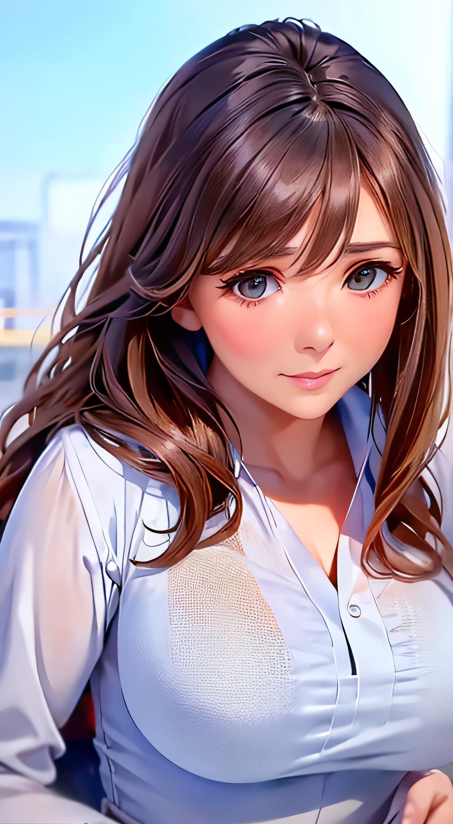top quality 、4K quality、 realistic、、 cute、zoom、 brown hair 、 gray eyes、 Larger breasts、、blouse、 face close-up 、 Japanese high school girl 、 long hair that reaches the waist 、 white wrap dress