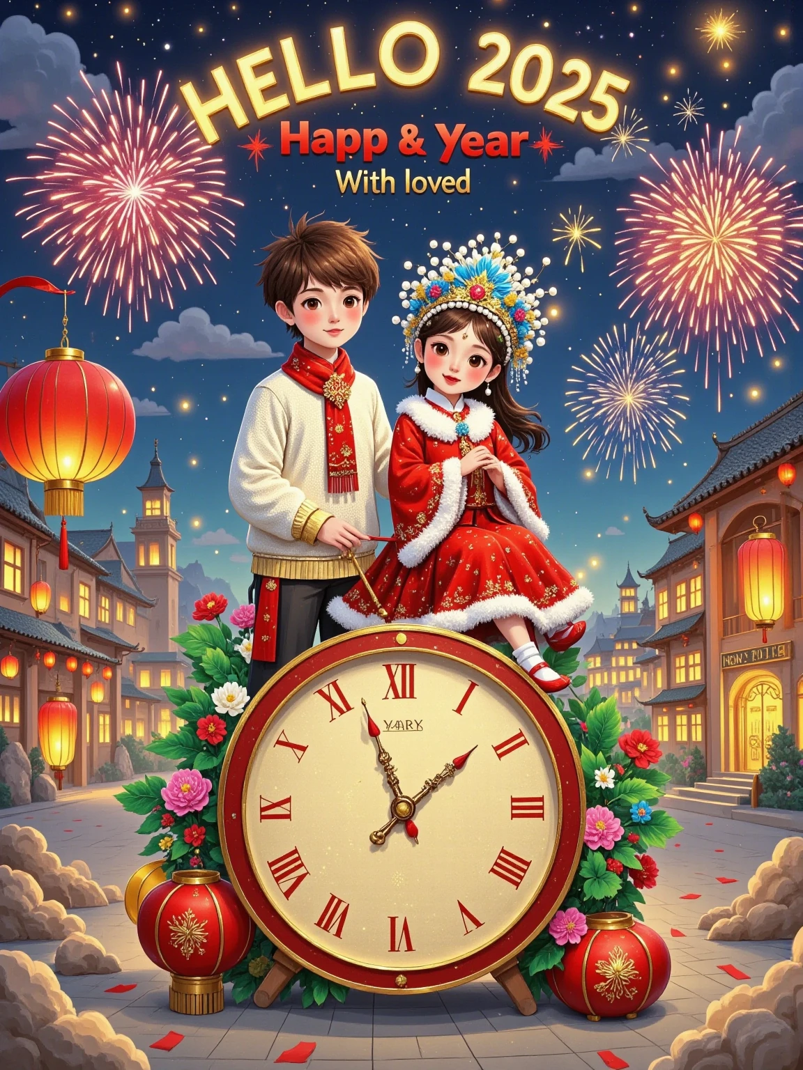 Flat illustration, New Year poster, surreal, glowing text "HELLO 2025" at the top, subtitle "With loved ones", a cute boy (short brown hair, white sweater, red scarf) and a cute girl (long brown hair, red sweater, white scarf) sitting close together on top of a giant clock, front view, fireworks, particle glow, blurred background, depth of field, whimsical New Year atmosphere, New Year's Eve atmosphere, soft lighting, dreamy atmosphere, storytelling, artistic, 8K, masterpiece