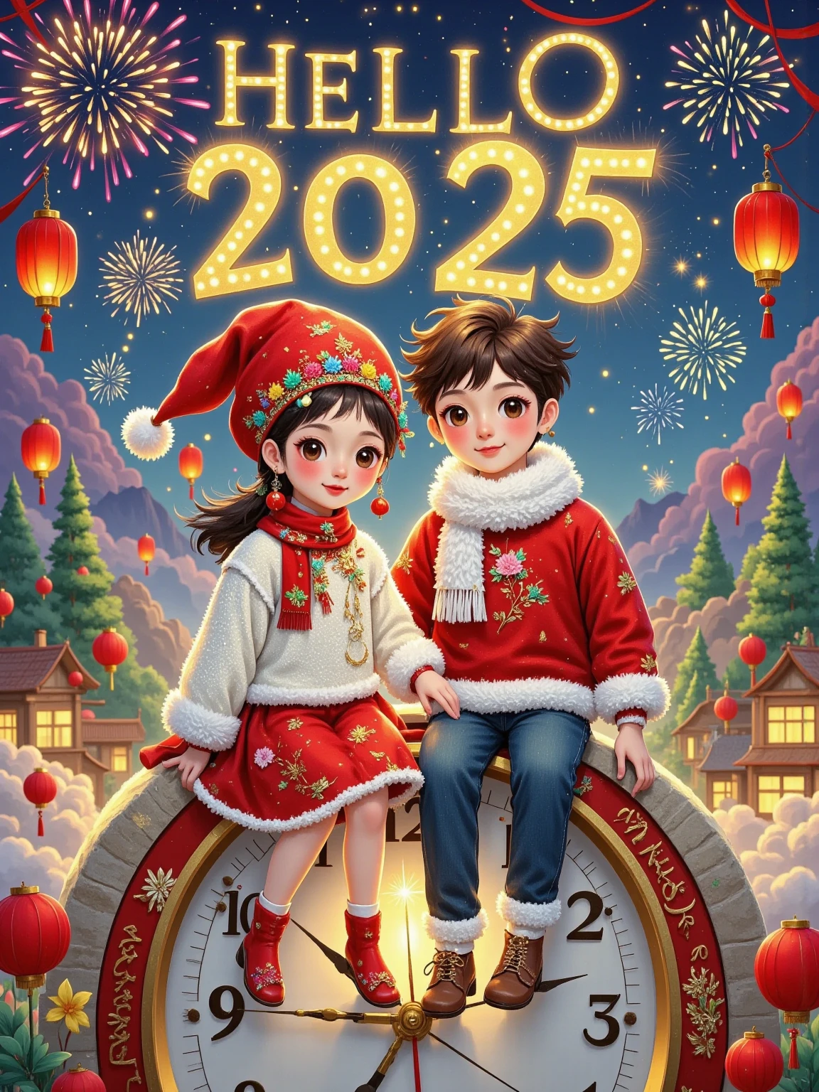 Flat illustration, New Year poster, surreal, glowing text "HELLO 2025" at the top, subtitle "With loved ones", a cute boy (short brown hair, white sweater, red scarf) and a cute girl (long brown hair, red sweater, white scarf) sitting close together on top of a giant clock, front view, fireworks, particle glow, blurred background, depth of field, whimsical New Year atmosphere, New Year's Eve atmosphere, soft lighting, dreamy atmosphere, storytelling, artistic, 8K, masterpiece