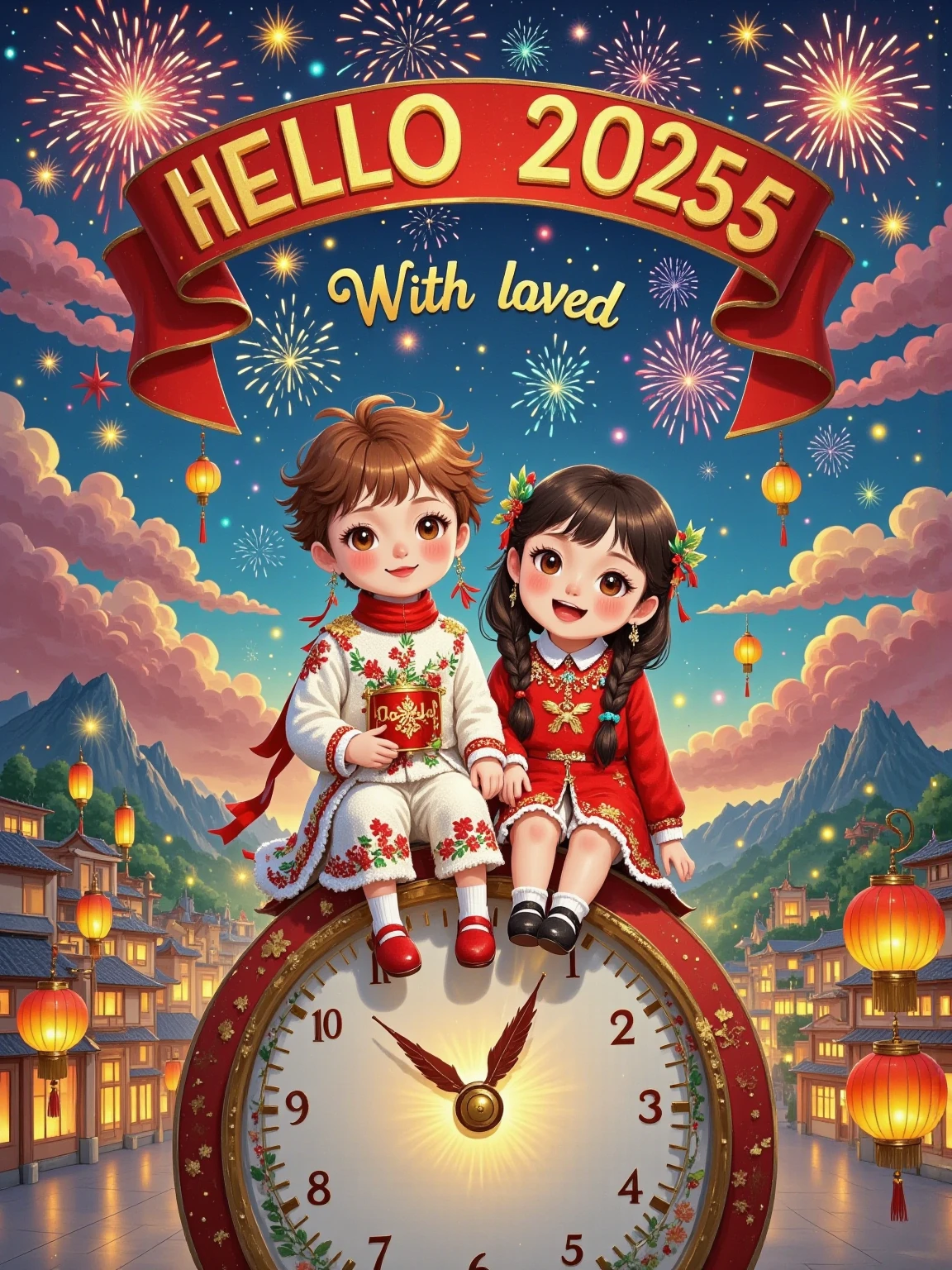 Flat illustration, New Year poster, surreal, glowing text "HELLO 2025" at the top, subtitle "With loved ones", a cute boy (short brown hair, white sweater, red scarf) and a cute girl (long brown hair, red sweater, white scarf) sitting close together on top of a giant clock, front view, fireworks, particle glow, blurred background, depth of field, whimsical New Year atmosphere, New Year's Eve atmosphere, soft lighting, dreamy atmosphere, storytelling, artistic, 8K, masterpiece