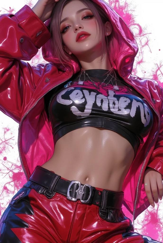 (most detailed, 8K, brilliantly executed), (punk rock vibe, high definition, meticulous attention to detail), (one girl), (pastel pink hair, black crop top biker jacket, jean shorts, tattoos), (athletic figure, perfectly toned abs). cyber punk