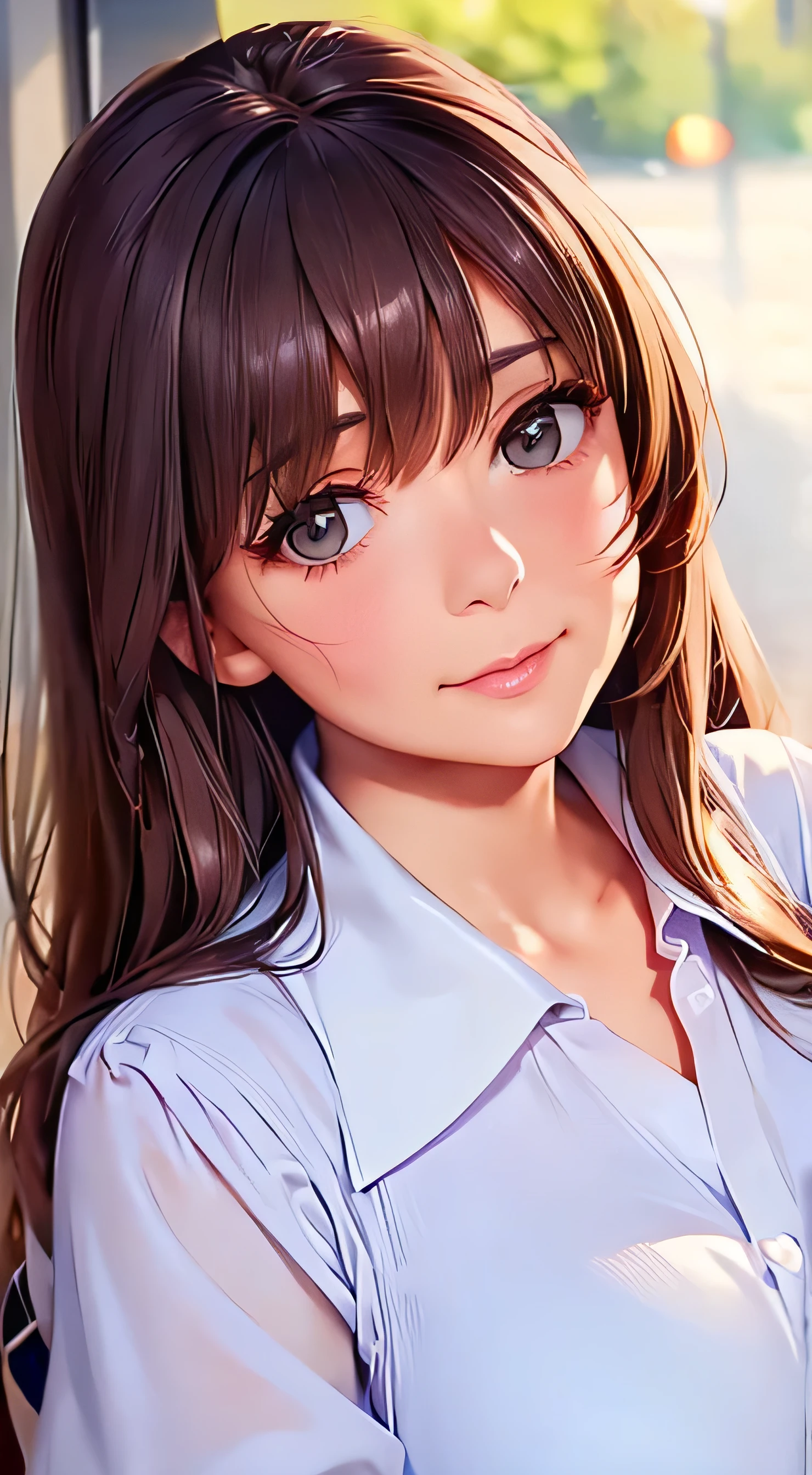  top quality 、4K quality、 realistic、、 cute、zoom、 brown hair 、 gray eyes、 Larger breasts、、blouse、 face close-up 、 Japanese high school girl 、 long hair that reaches the waist 、 white wrap dress
