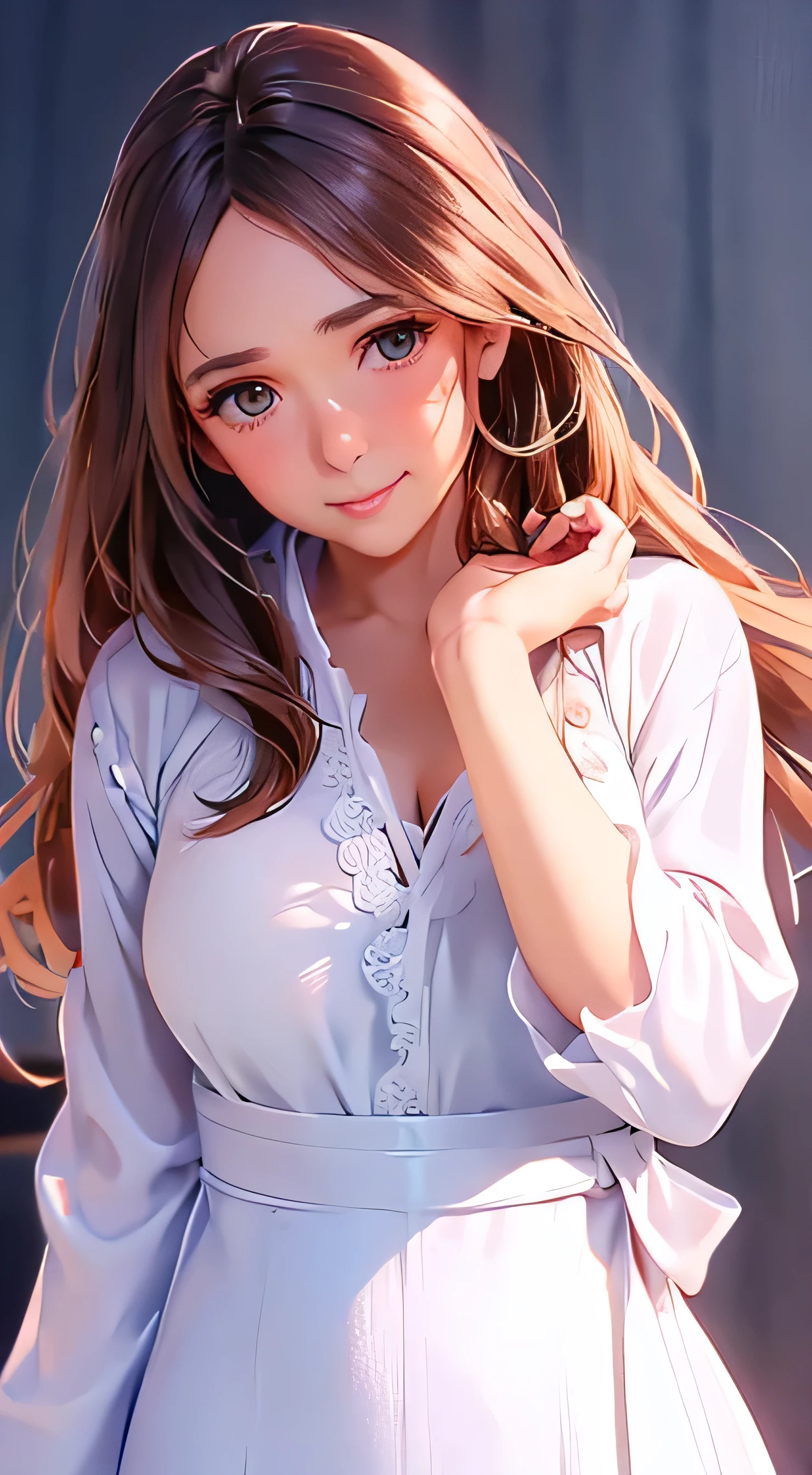  top quality 、4K quality、 realistic、、 cute、zoom、 brown hair 、 gray eyes、 Larger breasts、、blouse、 face close-up 、 Japanese high school girl 、 long hair that reaches the waist 、 white wrap dress、 pull up your hair 