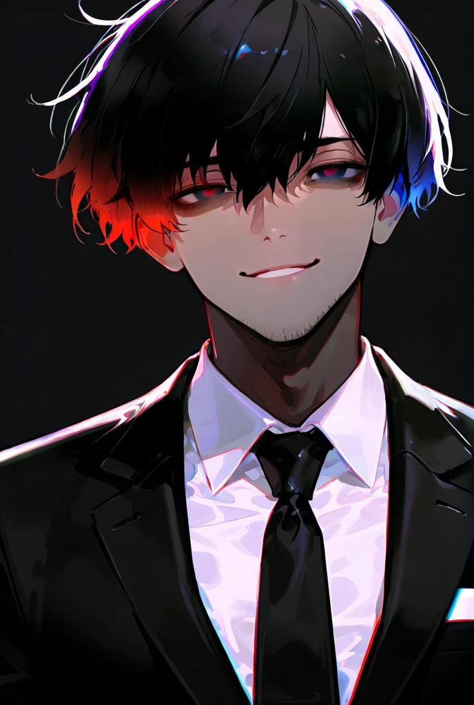 One adult male,All black suit, black hair,  shortcuts,  inner color ,  simple background,  Background Blur, Dark Eyes,  gradient eyes , Proud face