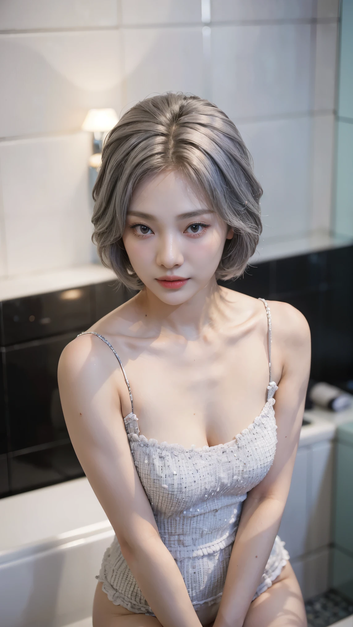 1 Girl, Beautiful, *********, 20 Years Old, White Skin,     best quality, lifelike, 8k, high resolution, 1 girl, Miss, (professional lighting), (portrait:0.6), (Covered with a towel，standing in bathroom), Gorgeous, looking viewer in your side, short hair, (1 girl ), ，lifelike, (Bokeh),SFW,Calm expression，full-body shot，top view ,  dynamic angle, ((Grey Hair, Silver  hair)), ((adorable:1.1)), ((masterpiece:1.1)), Sleepy Cute Face ,nfsw:1.5 