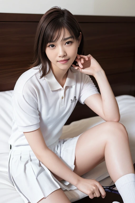 (Masterpiece, Best quality: 1.4), (Ultra realistic, Photo-realistic: 1.2), From above, From side, Sitting, Looking at viewer, Natural light, 28 years old acter, Japanese woman, Neat and clean, ((Wearing white tennis uniform, White short-sleeve polo shirt with collar, Not buttoning the polo shirt, White pleated tennis skirt: 1.3)), (Wearing white sock: 1.2), (Short wavy hair: 1.2), (Beautiful face), Oval face, clear, Beautiful eyes, Kind eyes, Clear skin, Small face, Beautiful mouth, Small mouth, Natural makeup, Approachable, Seductive smile, (Seductive pose: 1.4), (Beautiful thighs: 1.2), (Bedroom eyes: 1.1), Embarrassed, Blush, Luxury hotel Suite room, On bed, open legs, (wet body: 1.2), fellatio, penis