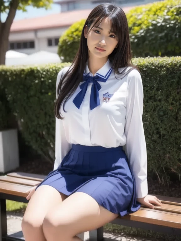 Spread your legs、Navy blue pleated skirt、Bun Hair、smile、White panties、Run-6500-v1.1, (RAW Photos:1.2), (Photorealistic), (Genuine:1.4), Elegant elite girl sitting with knees apart on a park bench, Japanese を着て,((Sit with your legs apart))、((not wear underwear))、 Japanese girl in uniform, Japanese , wear a principal&#39;uniform, Young and cute gravure idol, Photos taken in 2020, Dressed like a high school girl, wear , wear a strict business suit, Young and skinny gravure idol, seifuku　　　　　　　Run-6500-v1.1, (RAW Photos:1.2), (Photorealistic), Beautiful detailed girl, Sit on a bench with your knees apart、(Genuine: 1.4), Very detailed目と顔, ((Japanese school uniform:1.2))、((City of night:1.2)), Self snap, instagramart、game_Hmph, Large file size, High resolution, Very detailed, highest quality, [masterpiece:1.6], Awareness-raising, Very detailed, Hmph, finely, highest quality, 8k wallpaper, Cinema Lighting, 1 girl, 17 years old, Perfect figure, Cute droopy eyes、Beautiful big eyes、Pick finger, ((Tabletop)), highest quality, 1 girl, eye shadow, Portraiture, ((Full Body Shot:1.4))、(A very affectionate smile:1.2)、Realistic skin texture、Shiny skin、Exposed thighs!!!、not wear underwear