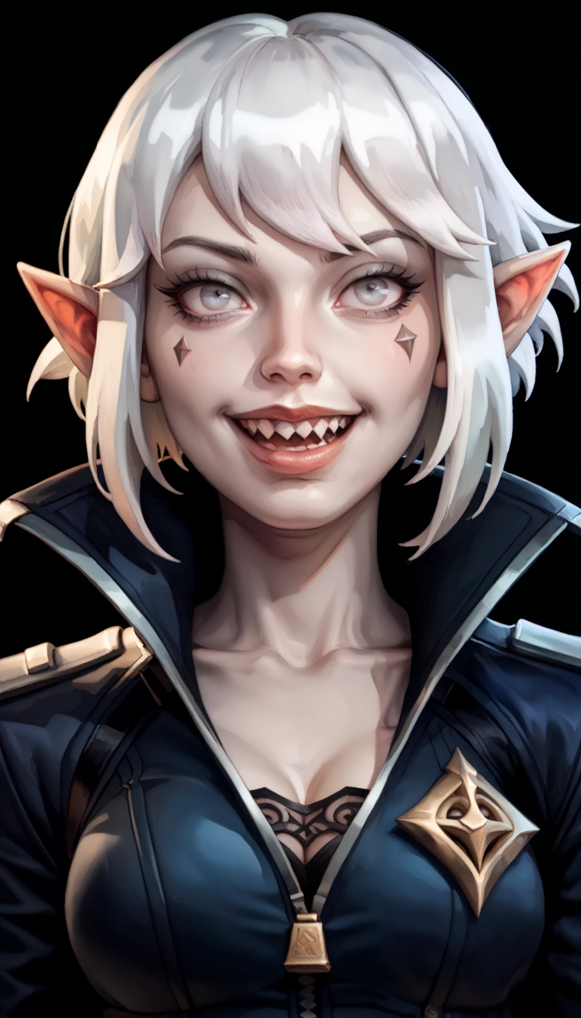 one woman, briar from league of legends, (pale skin, grey skin:1.3), pointy ears, sharp teeth, (pale eyes:1.2), white hair, straight bangs, (upper body:1.3), (black background, clear background:1.5), (black military jacket:1.2), (studio lights, deep shadows:1.3), (joyful face:1.2), (big chest:1.2)