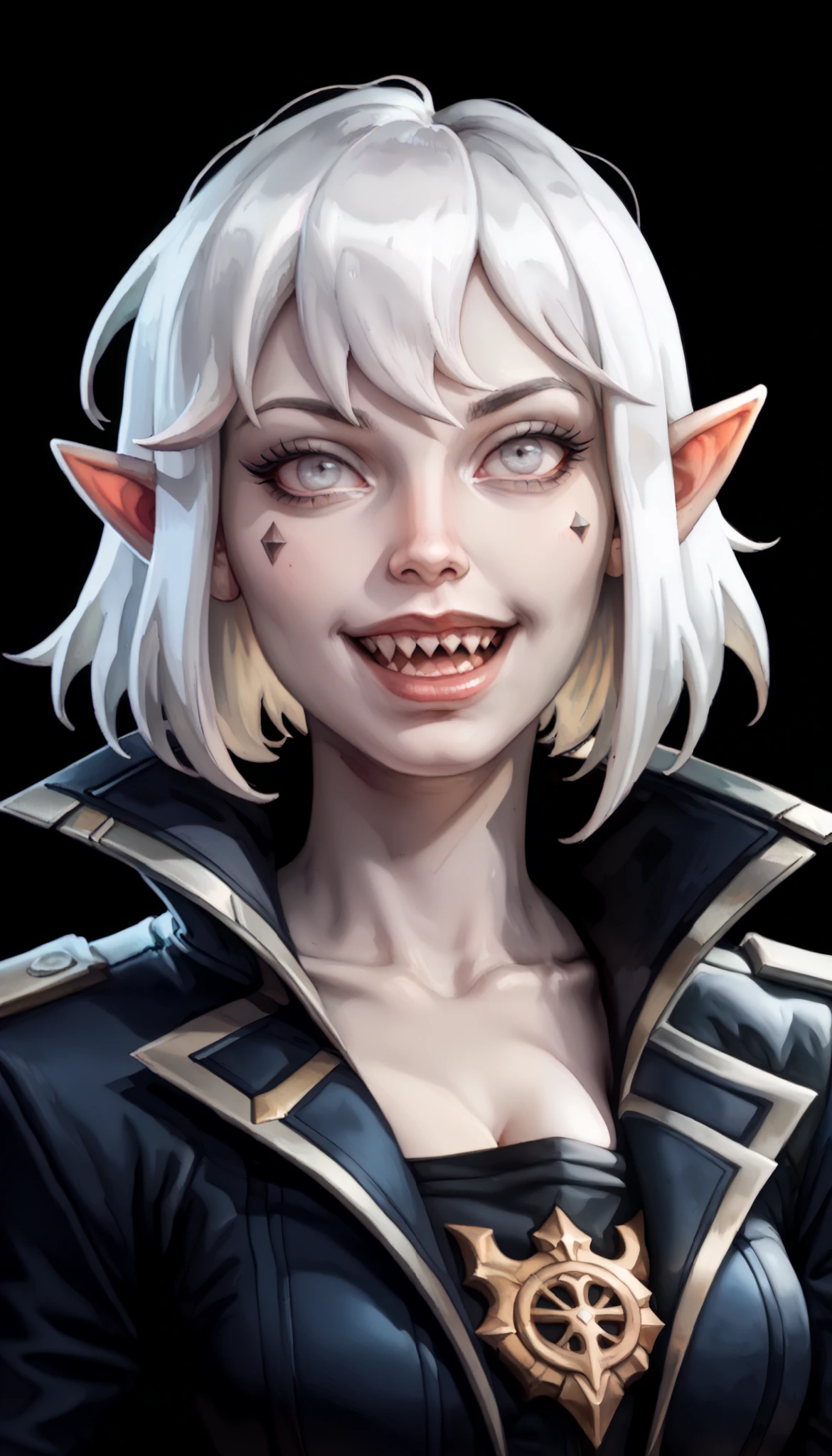one woman, briar from league of legends, (pale skin, grey skin:1.3), pointy ears, sharp teeth, (pale eyes:1.2), white hair, straight bangs, (upper body:1.3), (black background, clear background:1.5), (black military jacket:1.2), (studio lights, deep shadows:1.3), (joyful face:1.2), (big chest:1.2)