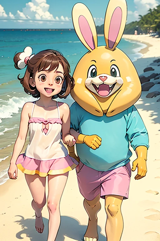 A cool sunny day in the beach whit 4 members
A drow Brown sexy Slim man whit read hair, a white cute little Bunny man, a sexy female satyr and a blue small slime all are wearing swimmsuit all that in amine style