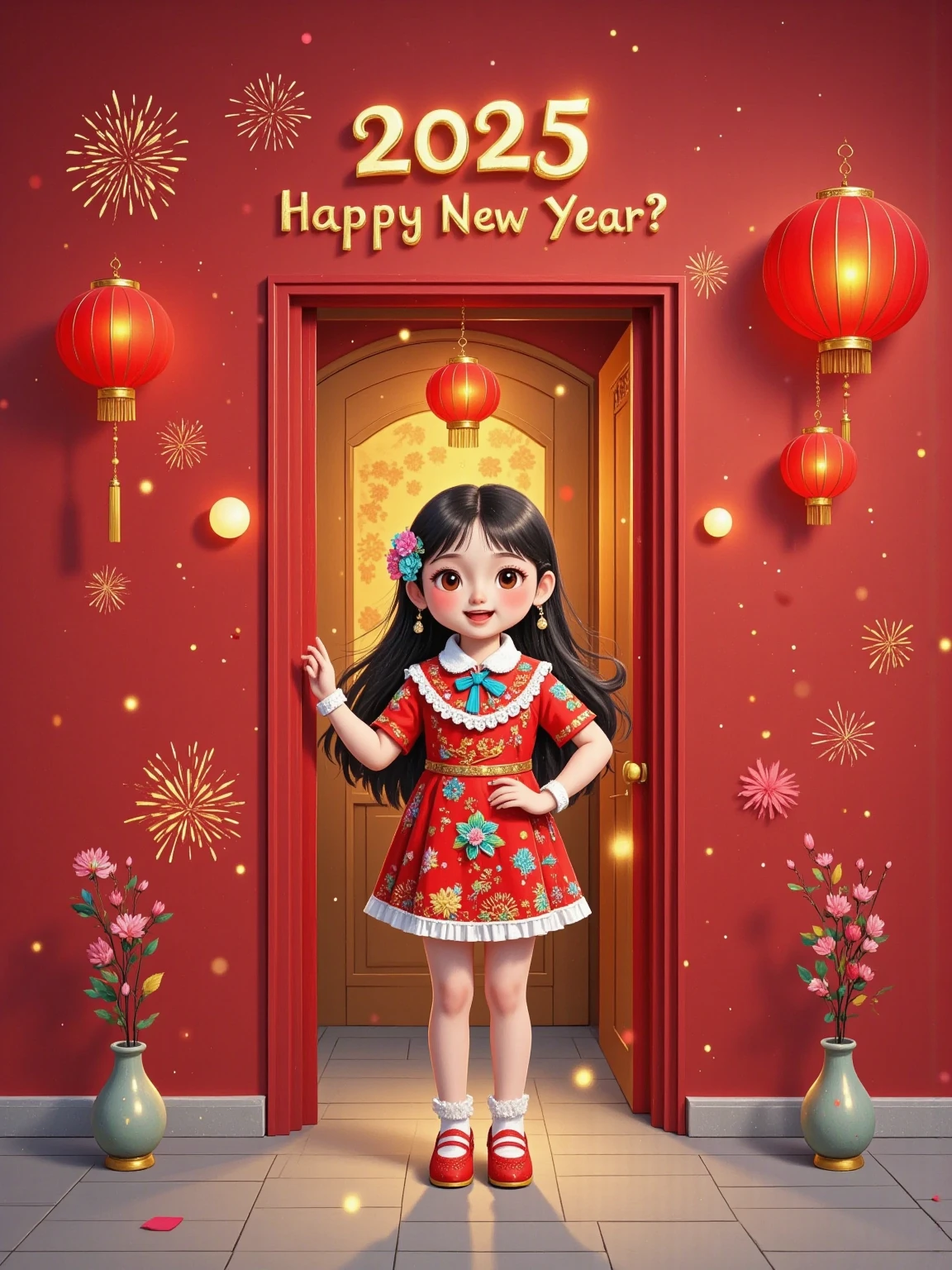  A realistically cute girl and a  peek out from behind a red door， Probe behind a pure red wall ，Rectangular or arched ，close up， Extremely clean picture ，C4D Rendering，Blender，Simple characters， Visually playful ，Playful expression，32k ultra high definition， minimal style， Pixar style ，Poster text “2025 Happy New Year” 