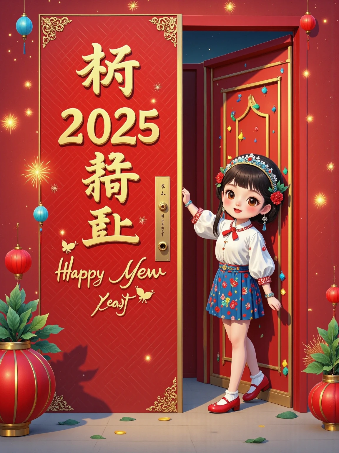  A realistically cute girl and a  peek out from behind a red door， Probe behind a pure red wall ，Rectangular or arched ，close up， Extremely clean picture ，C4D Rendering，Blender，Simple characters， Visually playful ，Playful expression，32k ultra high definition， minimal style， Pixar style ，Poster text “2025 Happy New Year” 