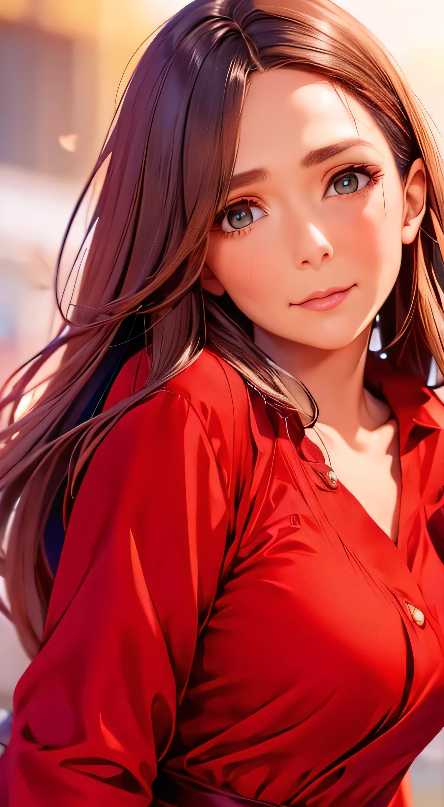 top quality 、4K quality、 realistic、、 cute、zoom、 brown hair 、 gray eyes、 Larger breasts、、blouse、 face close-up 、 Japanese high school girl 、 long hair that reaches the waist 、red shirt dress、 pull up your hair 、 flowing in the wind