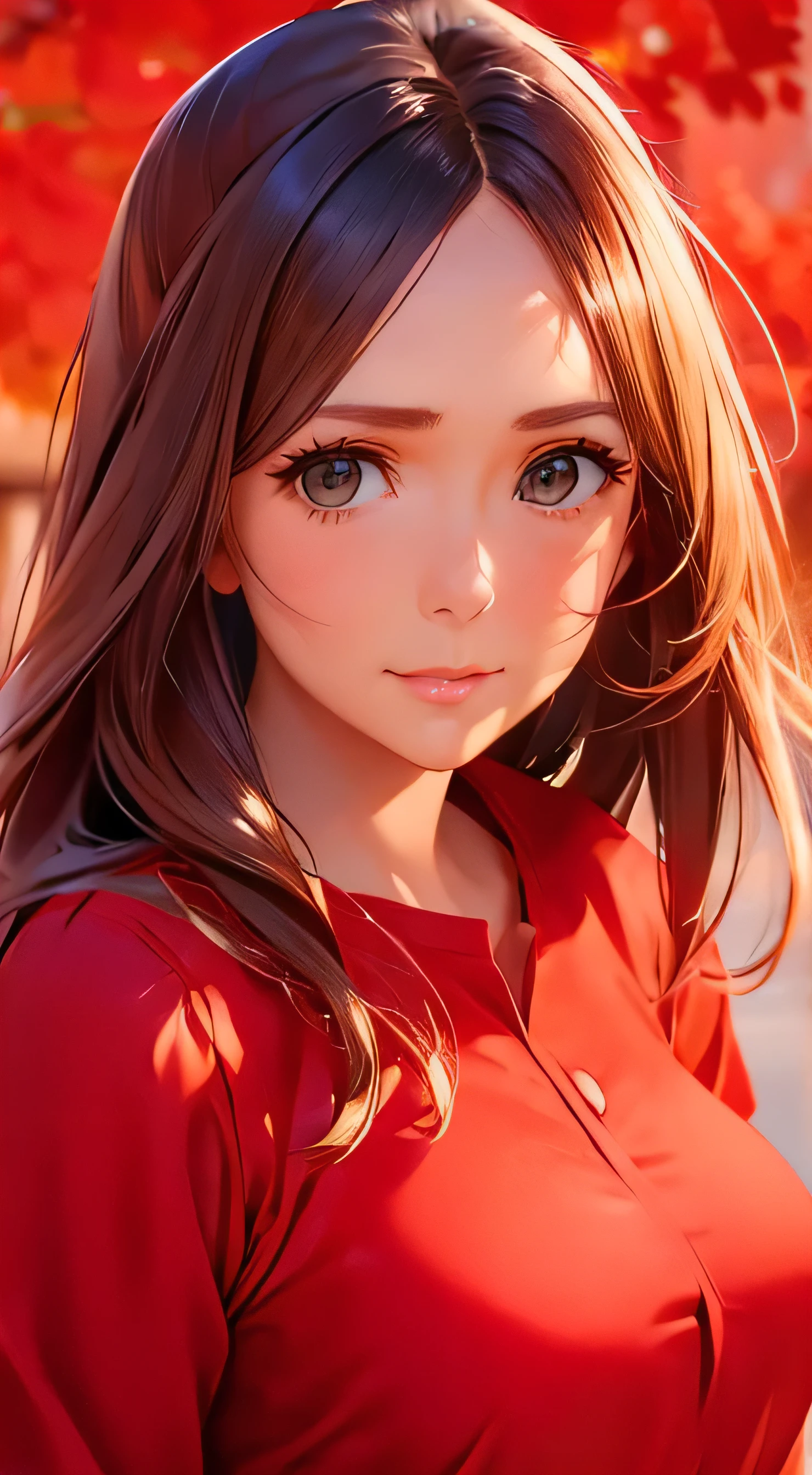  top quality 、4K quality、 realistic、、 cute、zoom、 brown hair 、 gray eyes、 Larger breasts、、blouse、 face close-up 、 Japanese high school girl 、 long hair that reaches the waist 、red shirt dress、 pull up your hair 、 flowing in the wind 
