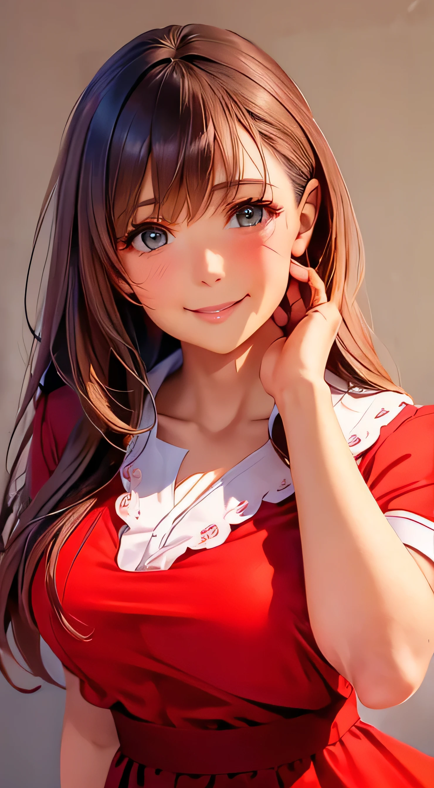  top quality 、4K quality、 realistic、、 cute、zoom、 brown hair 、 gray eyes、 Larger breasts、、blouse、 face close-up 、 Japanese high school girl 、 long hair that reaches the waist 、red shirt dress、The collar and cuffs are white 、 pull up your hair 、 open your mouth slightly and smile