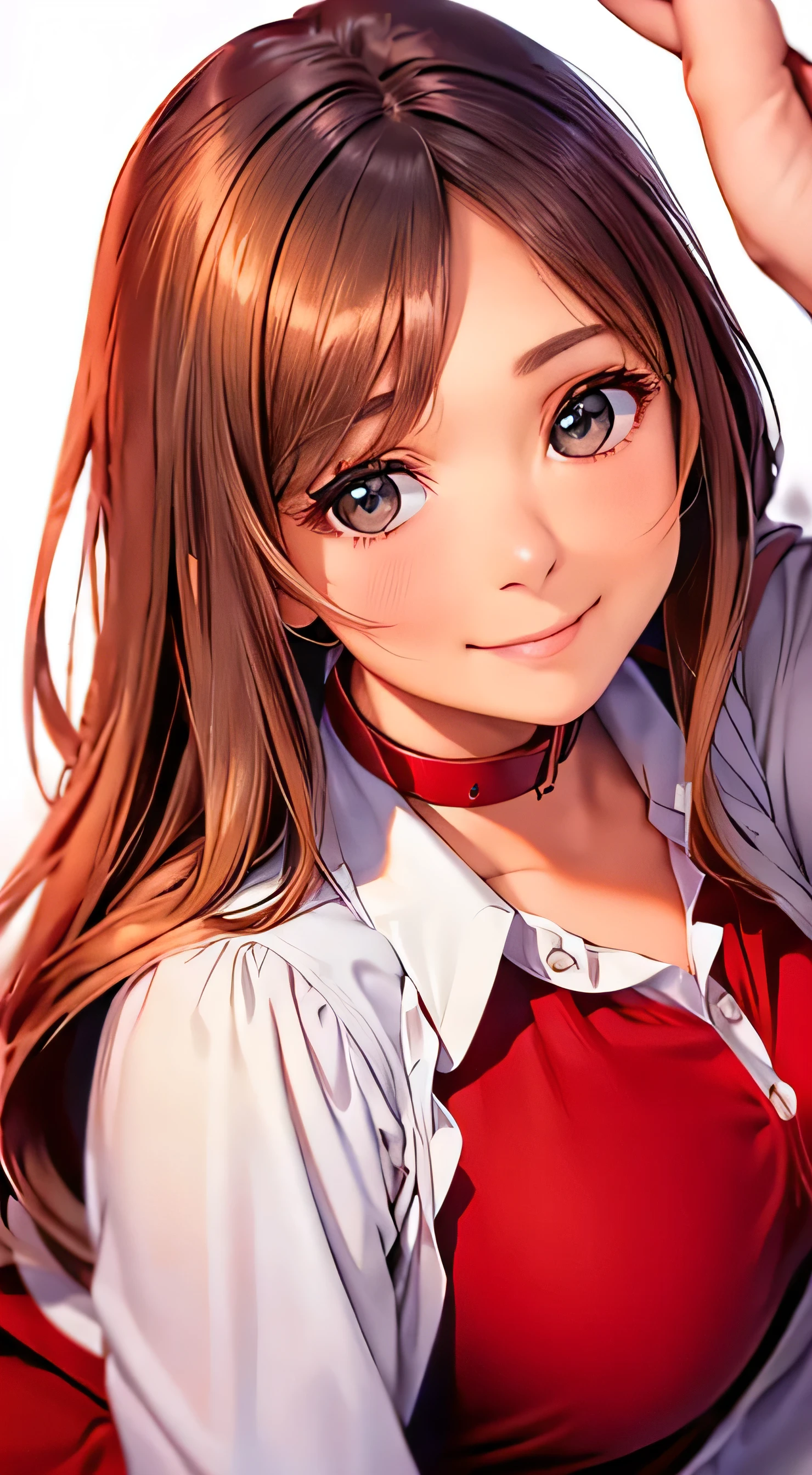 top quality 、4K quality、 realistic、、 cute、zoom、 brown hair 、 gray eyes、 Larger breasts、、blouse、 face close-up 、 Japanese high school girl 、 long hair that reaches the waist 、red shirt dress、The collar and cuffs are white 、 pull up your hair 、 open your mouth slightly and smile