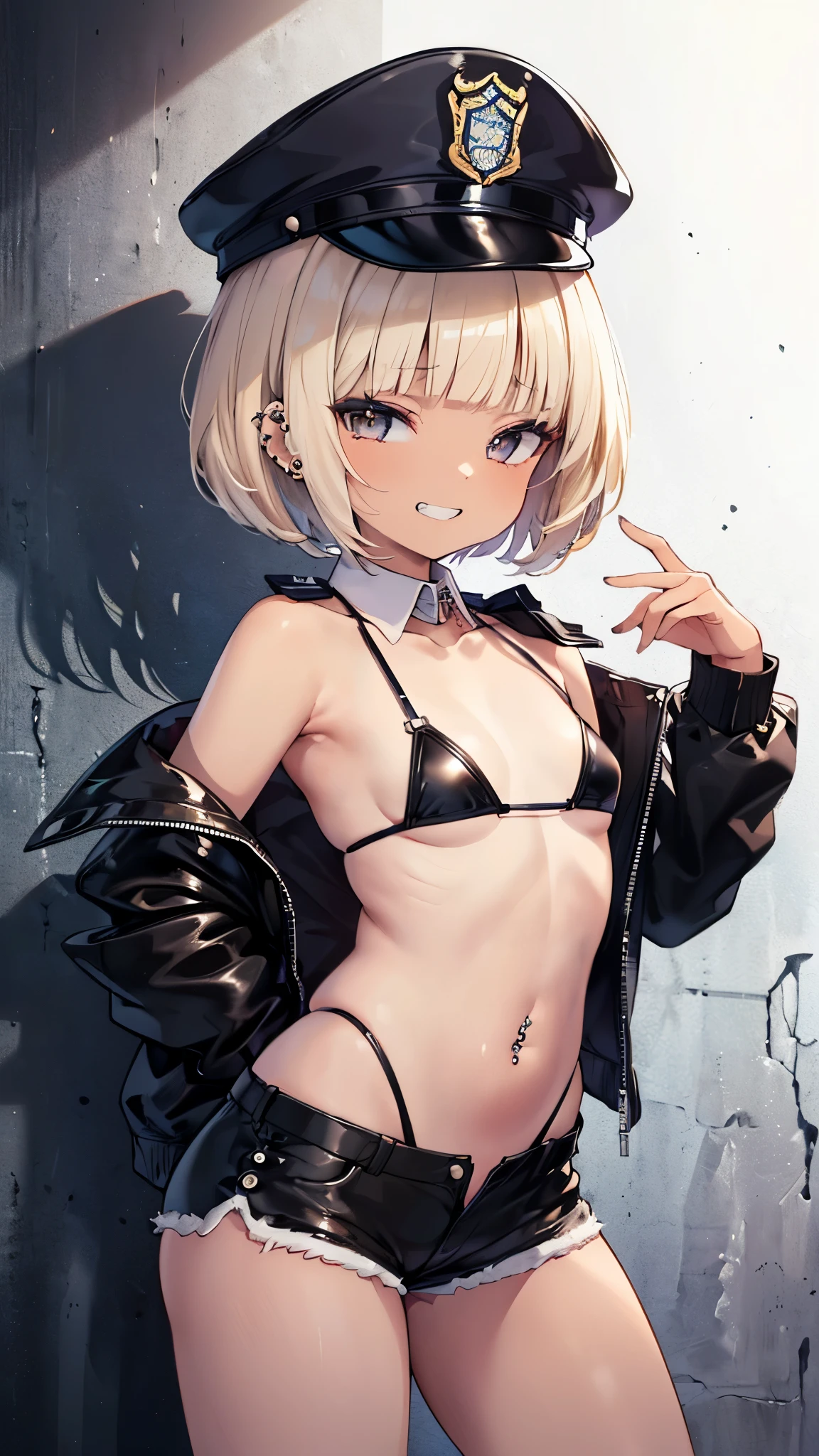 (AkiyamaYukari:1.25),
One Woman,
(Silver Hair:1.5),
(Short Hair,)Bobcut,
Late 30s,Natural skin texture,Narrow waist,Thin type,
(White Skin:1.9),low length,Japanese Girl,,
Black Eyes,Small breasts,Belly button,
((((Black cleavage-baring jacket)))),
(((Jeans pants))),
((T-back bikini shorts)),
(Black corset:1.1),
((ID photo:1.8,Plain cerulean blue background:1.6,Capture your subject from the front)),
expression(anger),upright posture,Closed Mouth,narrowed eyes,blush,
Natural depiction,
Beautiful depiction,
Shiny eyes,
Healthy Body,
Natural hairstyle,
Natural body contours,
Natural facial contours,
(Five fingers)Absolute depiction,Symmetrical fingers,
Two arms,
Two legs,
Sharp eyelid depiction,
Symmetrical eyes,Symmetrical eyes,
Keep the subject in the center,Expand the upper body,
Beautiful image quality,
Delicate shades,
4K,Very detailed,
Delicate light adjustment,
Delicate contour drawing,