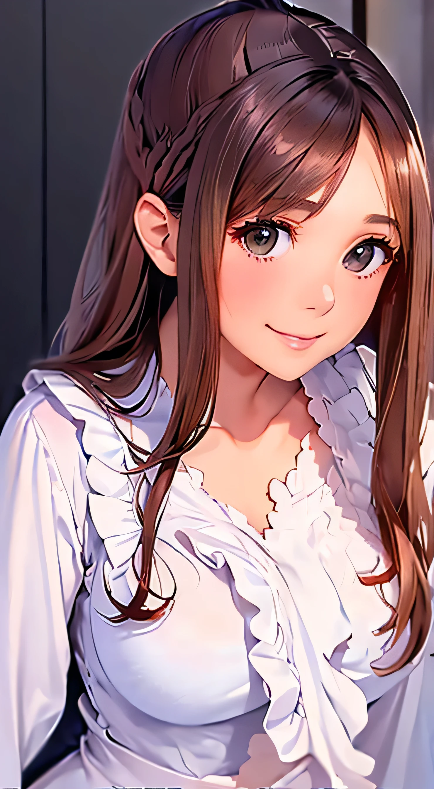  top quality 、4K quality、 realistic、、 cute、zoom、 brown hair 、 gray eyes、 Larger breasts、、blouse、 face close-up 、 Japanese high school girl 、 long hair that reaches the waist 、 white ruffle shirt dress、Black collar and cuffs 、 pull up your hair 、 open your mouth slightly and smile