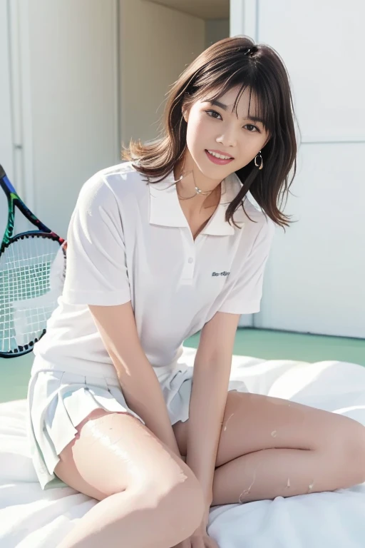 (Masterpiece, Best quality: 1.4), (Ultra realistic, Photo-realistic: 1.2), From above, From side, Sitting, Looking at viewer, Natural light, 28 years old acter, Japanese woman, Neat and clean, ((Wearing white tennis uniform, White short-sleeve polo shirt with collar, Not buttoning the polo shirt, White pleated tennis skirt: 1.3)), (Wearing white sock: 1.2), (Short wavy hair: 1.2), (Beautiful face), Oval face, clear, Beautiful eyes, Kind eyes, Clear skin, Small face, Beautiful mouth, Small mouth, Natural makeup, Approachable, Seductive smile, (Seductive pose: 1.4), (Beautiful thighs: 1.2), (Bedroom eyes: 1.1), Embarrassed, Blush, Luxury hotel Suite room, On bed, open legs, (wet body: 1.2), fellatio, penis