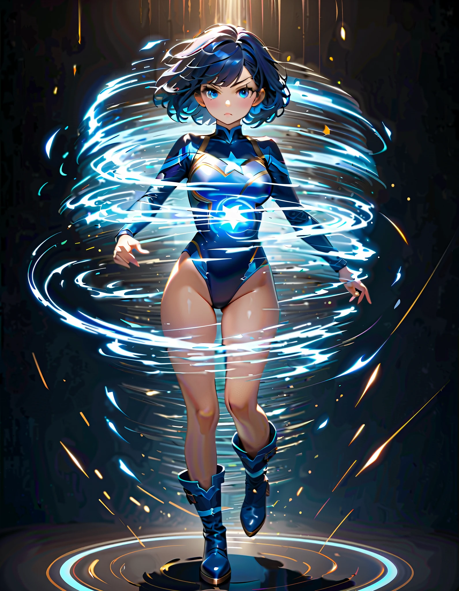 masterpiece, best quality, 1girl, superhero, ((leotard, dark blue leotard)), long sleeves, bare legs, boots, dark blue boots, matching boots, medium breasts, diffraction spikes, light particles, standing, standing straight, dark blue hair, ((short hair, bob hair)), blue eyes, beautiful detailed eyes, beautiful detailed face, cute face, (perfect hands, complete fingers, perfect anatomy, perfect proportions), heroic, ((star symbol on the chest)), serious, full body with costume, full body, cowboy shot, ((raised arms, spins fast in place like a tornado, she spins at an incredible speed, creating a whirlwind of air around her, cyclone spinning, spiral lines, spinning energy pulse around her)).
