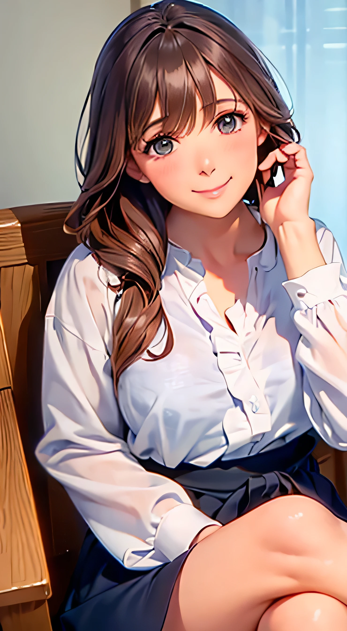  top quality 、4K quality、 realistic、、 cute、zoom、 brown hair 、 gray eyes、 Larger breasts、、blouse、 face close-up 、 Japanese high school girl 、 long hair that reaches the waist 、 white ruffle shirt dress、Black collar and cuffs 、 pull up your hair 、 open your mouth slightly and smile、blue wrap miniskirt、 sitting on a chair with legs crossed 