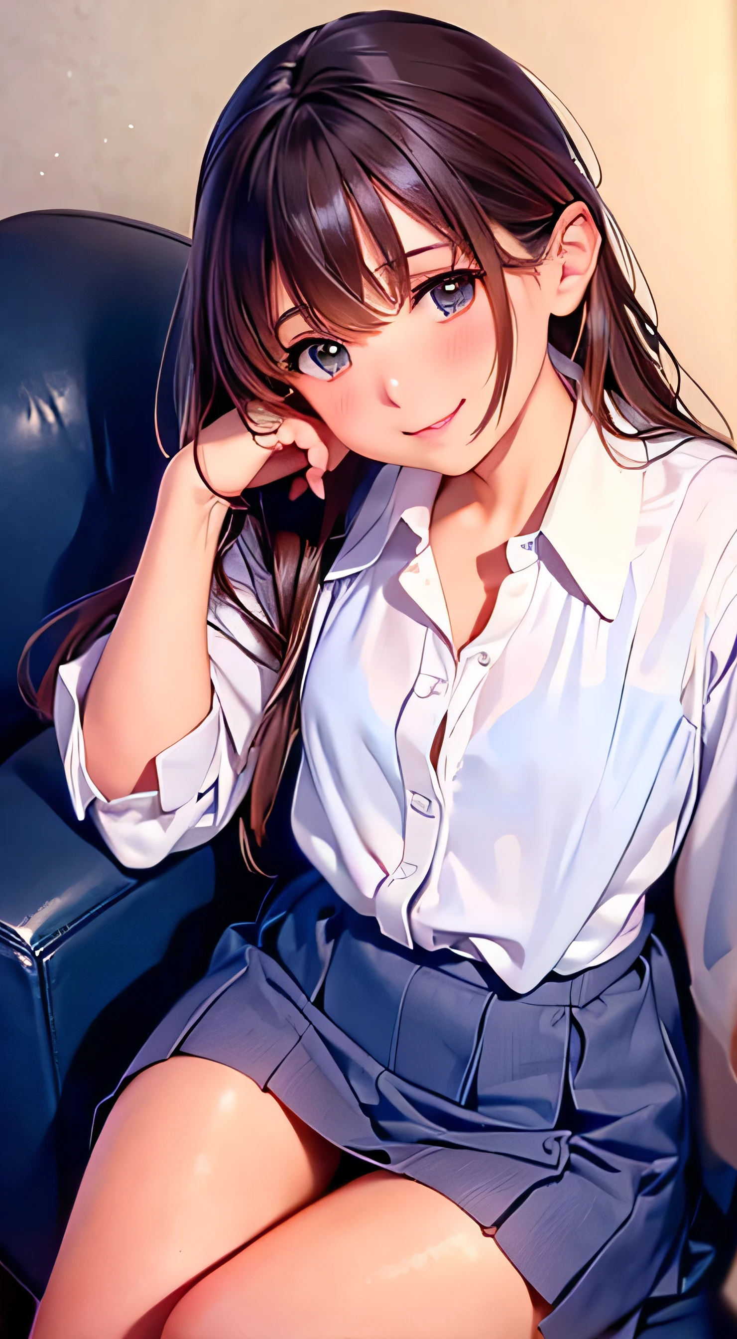  High Quality 、4K quality、 realistic、、 cute、zoom、 brown hair 、 gray eyes、  smaller chest、、blouse、 face close-up 、 Japanese high school girl 、 long hair that reaches the waist 、 white ruffle shirt dress、Black collar and cuffs 、 pull up your hair 、 open your mouth slightly and smile、blue wrap miniskirt、 sitting on a chair with legs crossed 