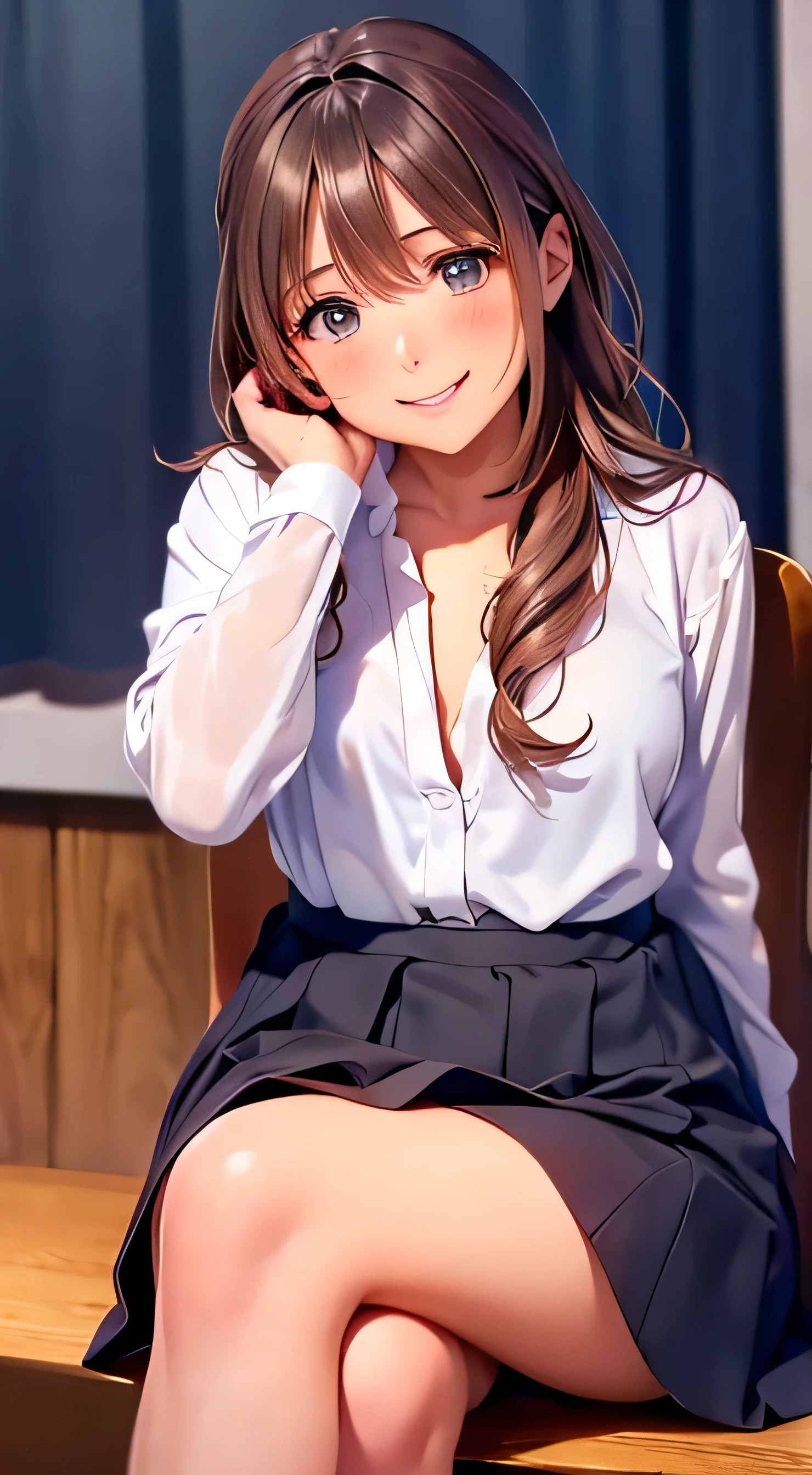 High Quality 、4K quality、 realistic、、 cute、zoom、 brown hair 、 gray eyes、 smaller chest、、blouse、 face close-up 、 Japanese high school girl 、 long hair that reaches the waist 、 white ruffle shirt dress、Black collar and cuffs 、 pull up your hair 、 open your mouth slightly and smile、blue wrap miniskirt、 sitting on a chair with legs crossed