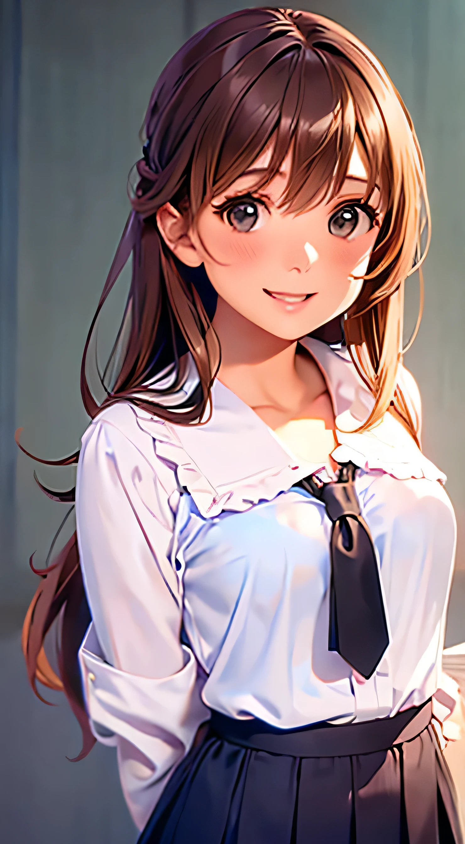  High Quality 、4K quality、 realistic、、 cute、zoom、 brown hair 、 gray eyes、  smaller chest、、blouse、 face close-up 、 Japanese high school girl 、 long hair that reaches the waist 、 white ruffle shirt dress 、brown ribbon tie 、 pull up your hair 、 open your mouth slightly and smile、 blue wrap mini skirt、 stand with legs crossed 