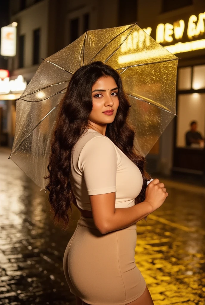 "A woman standing in the middle of a cobblestone street under a gentle rain, wearing a wet, fitted white blouse and a short skirt that clings to her body. Her hair is damp, and raindrops glisten on her skin as she holds a transparent umbrella. Golden lights from nearby buildings spell out 'Happy New Year,' reflected in the puddles on the street. The atmosphere is romantic and cinematic, with a soft glow surrounding her in the rainy night."