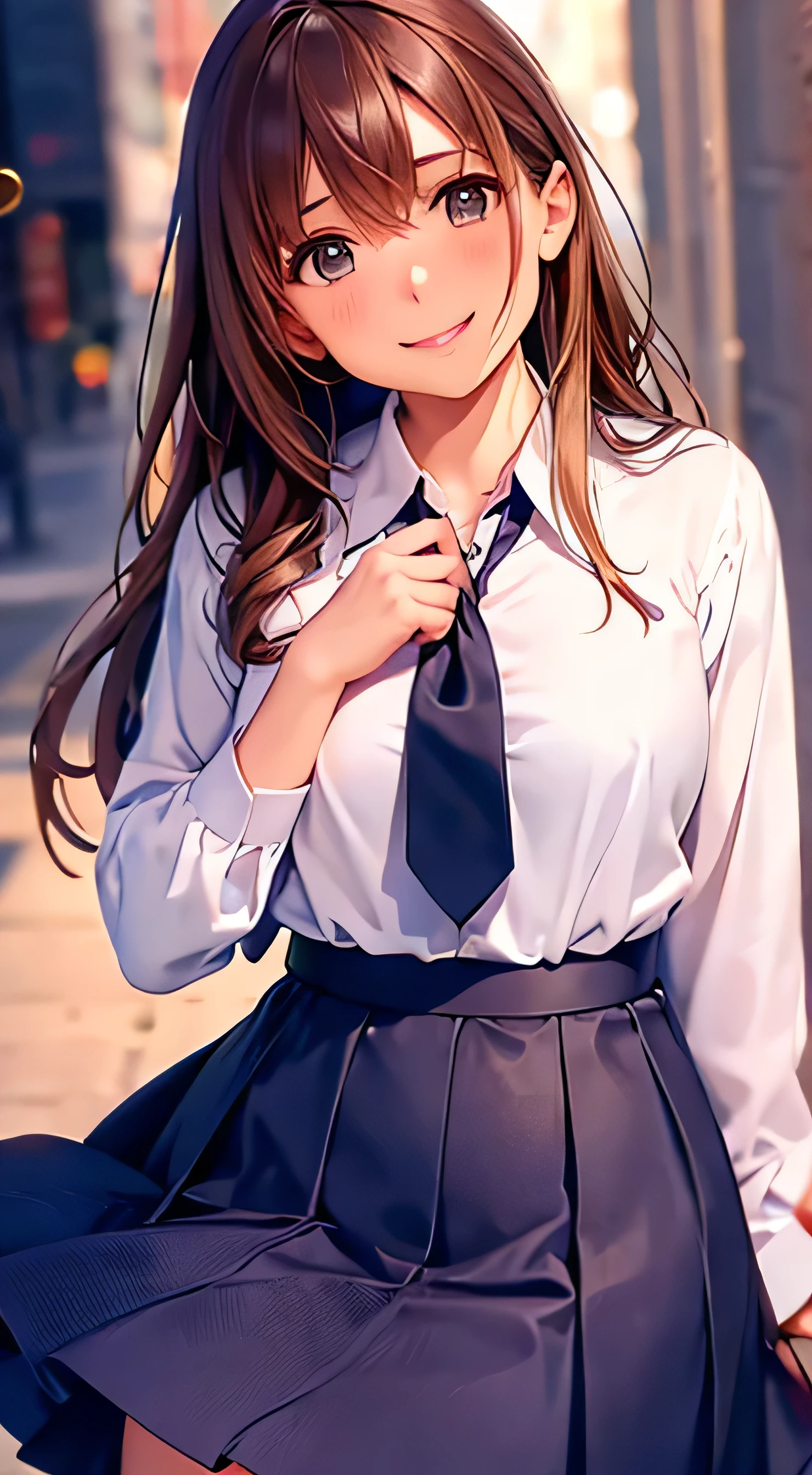 High Quality 、4K quality、 realistic、、 cute、zoom、 brown hair 、 gray eyes、 smaller chest、、blouse、 face close-up 、 Japanese high school girl 、 long hair that reaches the waist 、 white ruffle shirt dress 、brown ribbon tie 、 pull up your hair 、 open your mouth slightly and smile、 blue wrap mini skirt、 stand with legs crossed