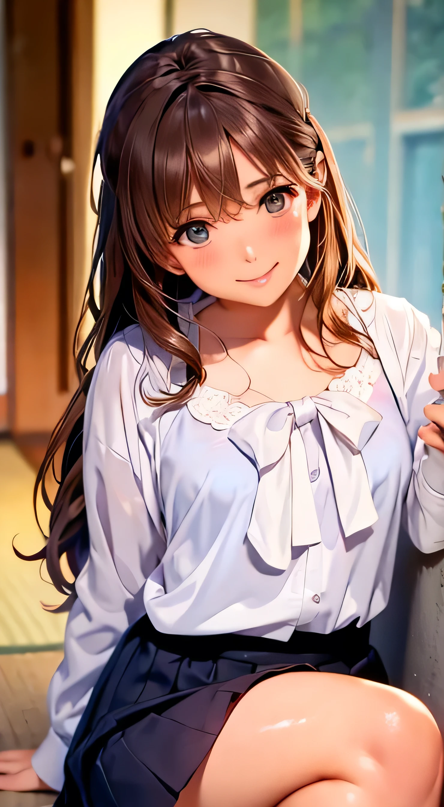  High Quality 、4K quality、 realistic、、 cute、zoom、 brown hair 、 gray eyes、  smaller chest、、blouse、 face close-up 、 Japanese Women、Age 25、 long hair that reaches the waist 、White ruffle shirt、brown ribbon tie 、 pull up your hair 、 open your mouth slightly and smile、 White Wrap Mini Skirt 、 stand with legs crossed 